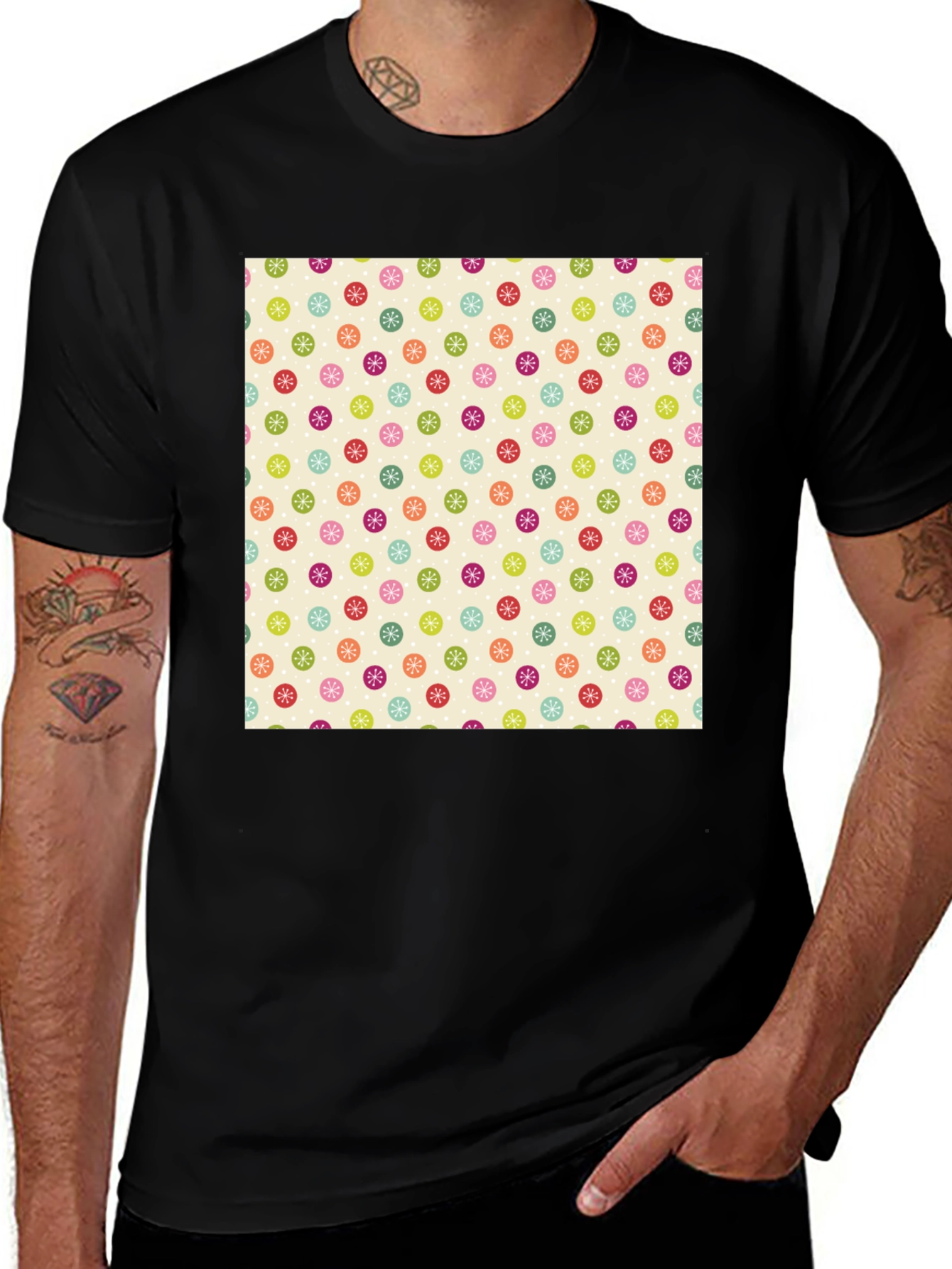 Festive Floral Pattern Black T-Shirt