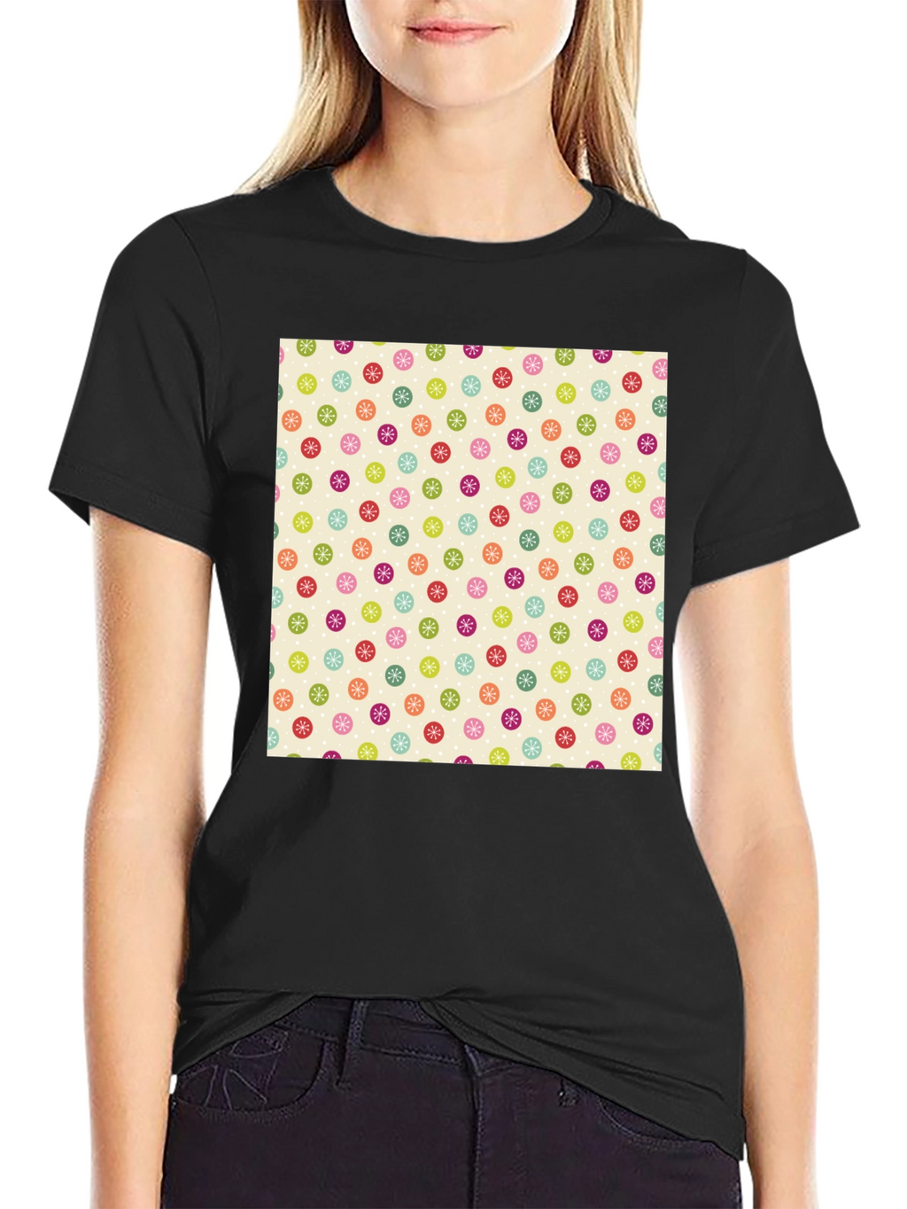 Festive Floral Pattern Black T-Shirt