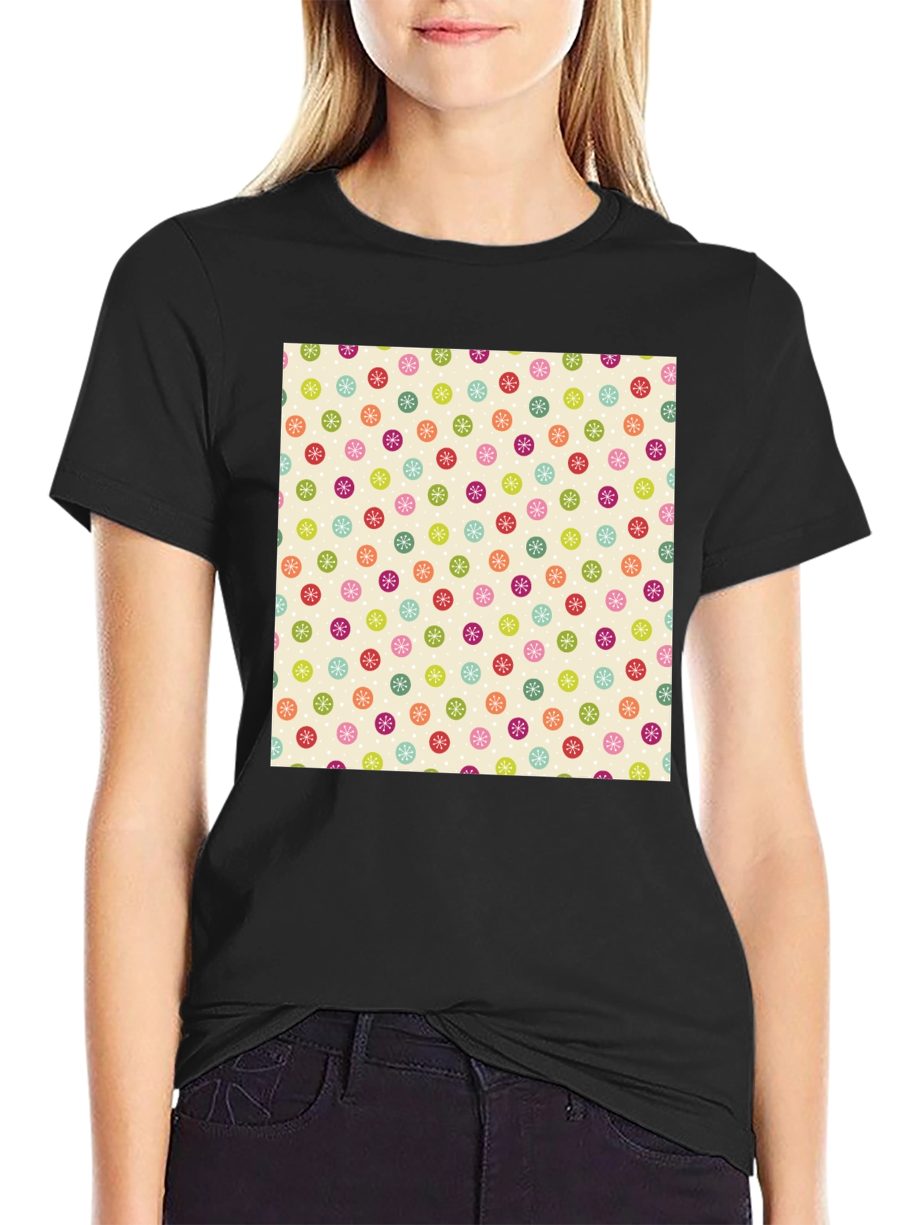 Festive Floral Pattern Black T-Shirt