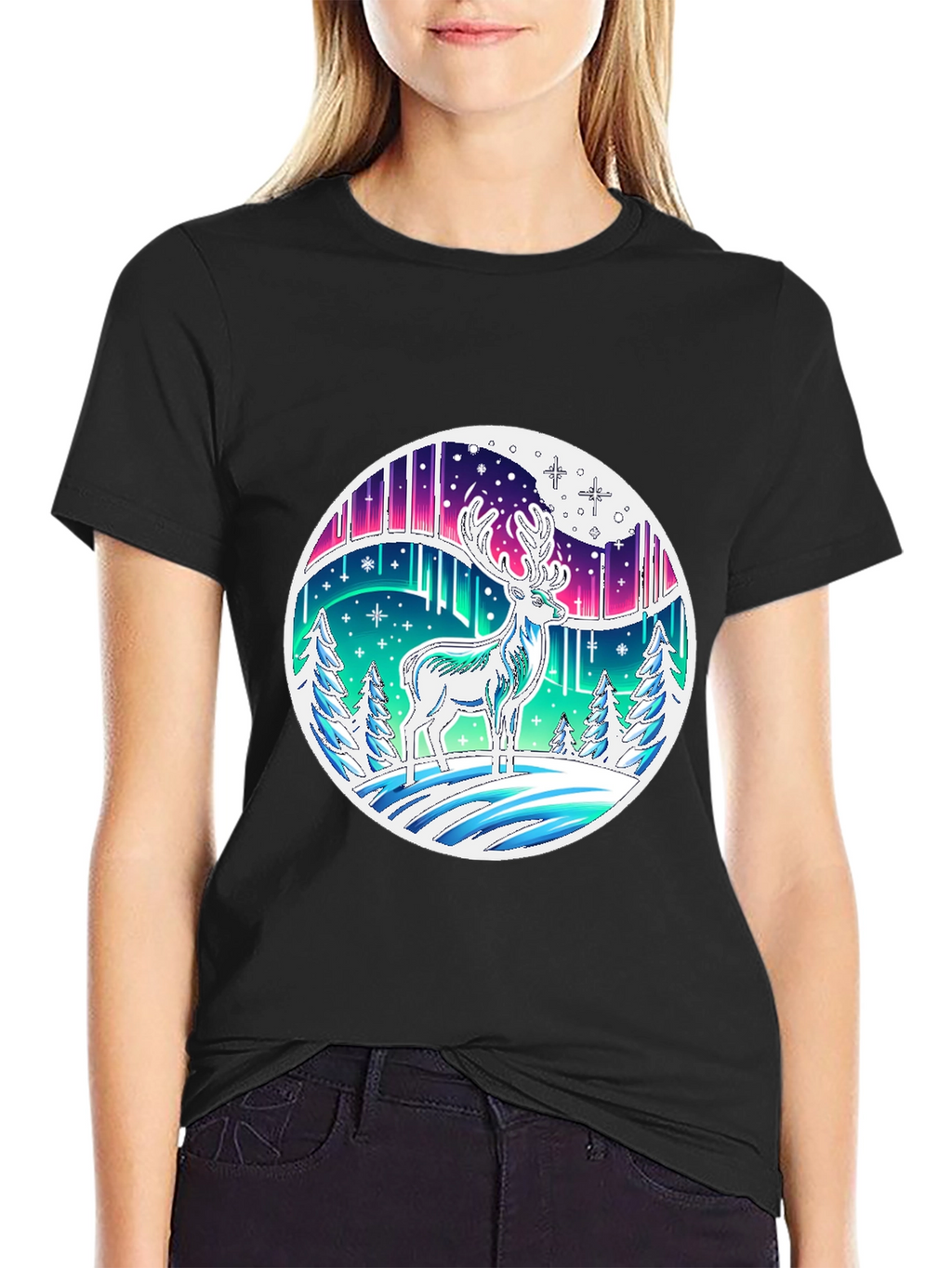 Aurora Deer Graphic Tee - Black