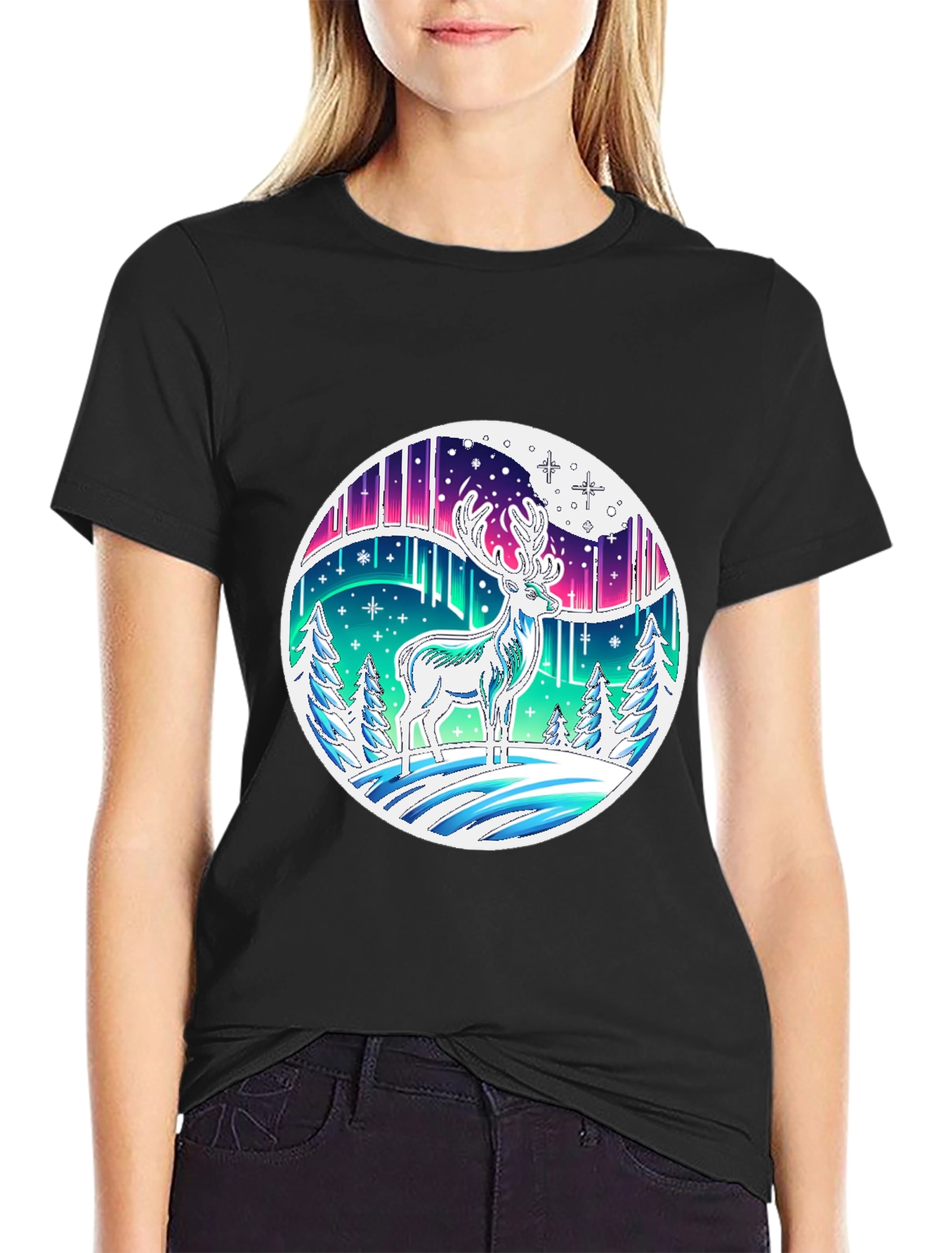 Aurora Deer Graphic Tee - Black