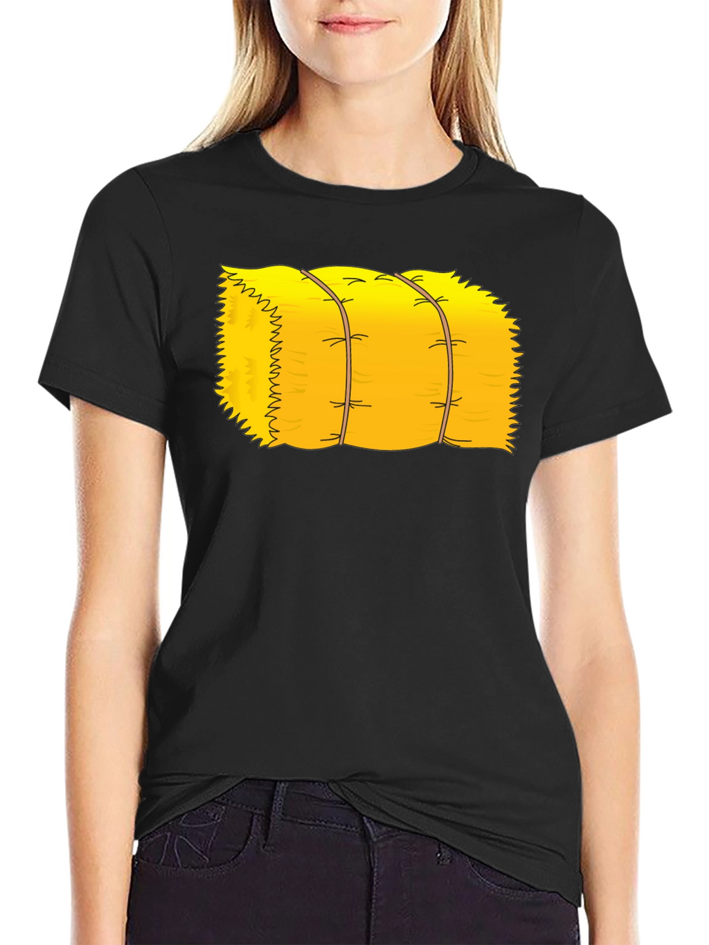 Cartoon Hay Bale Graphic Tee - Black Cotton T-Shirt