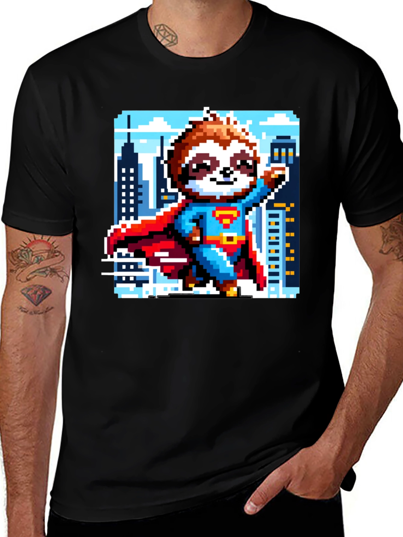 Pixel Sloth Superman T-Shirt - Heroic Comfort!