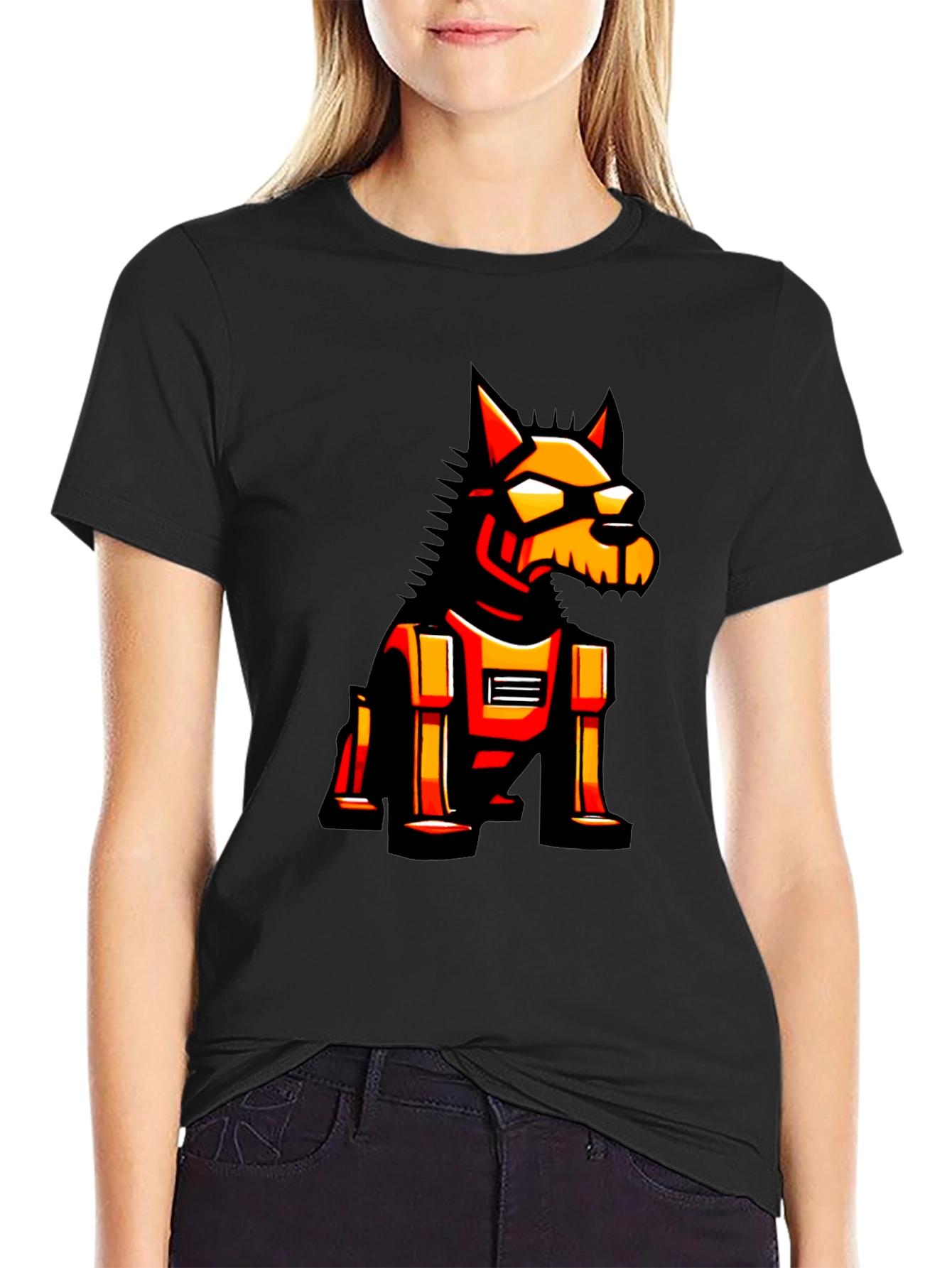 Robotic Dog Graphic Tee - Black Cotton T-Shirt