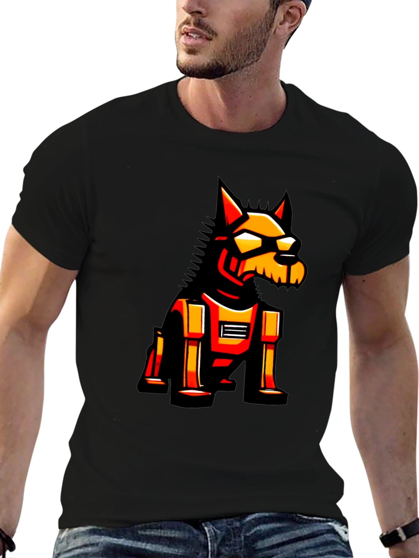 Robotic Dog Graphic Tee - Black Cotton T-Shirt