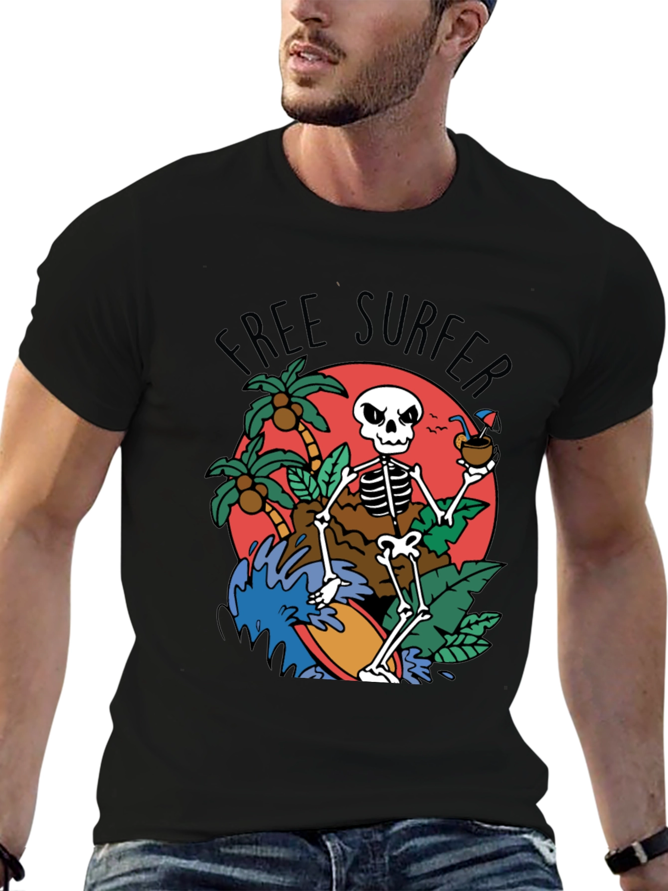 Free Surfer Skeleton Graphic T-Shirt
