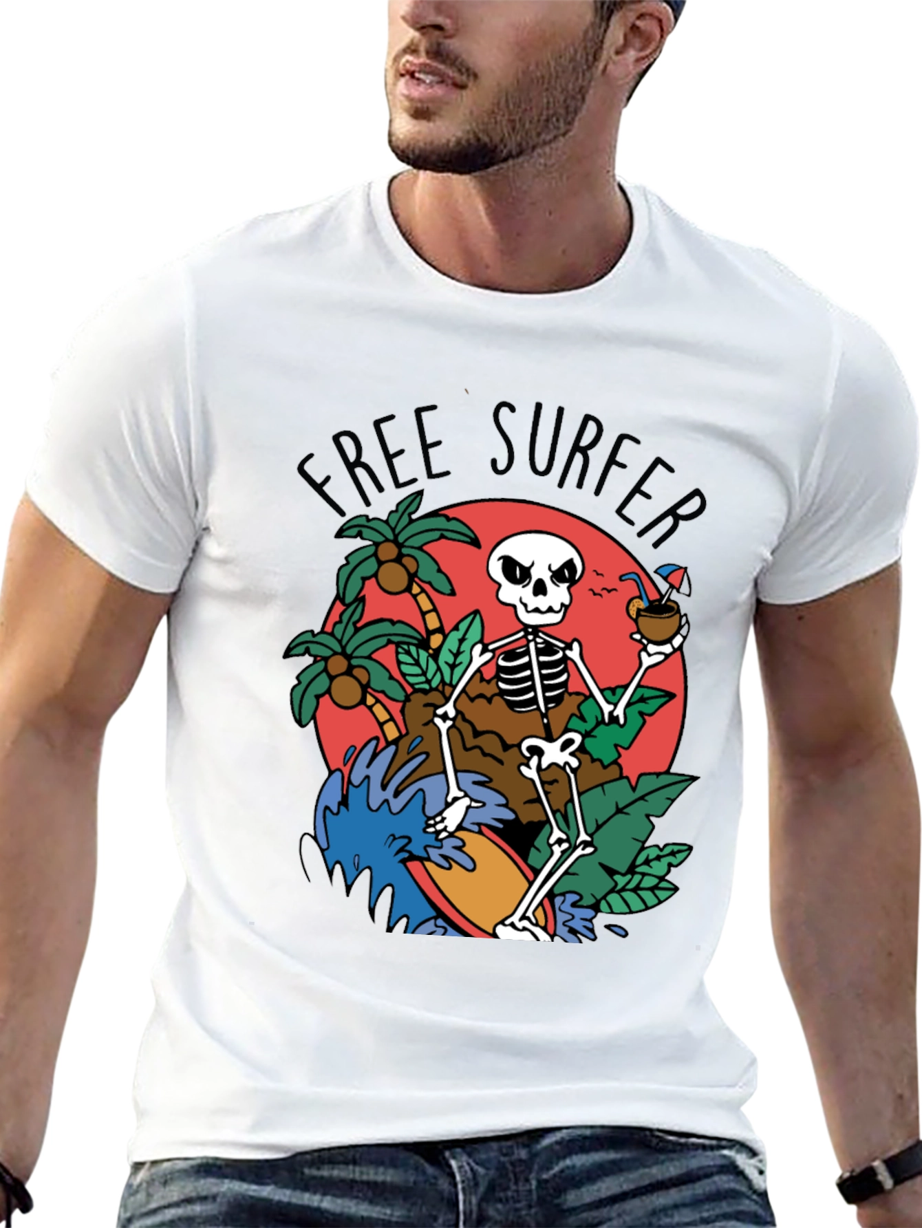 Free Surfer Skeleton Graphic T-Shirt