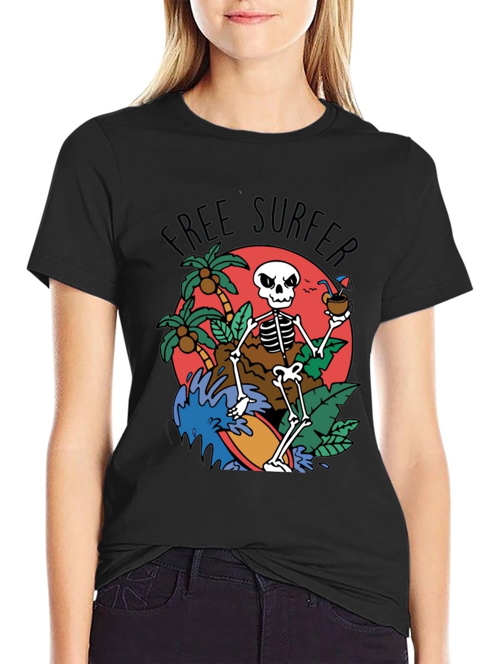 Free Surfer Skeleton Graphic T-Shirt