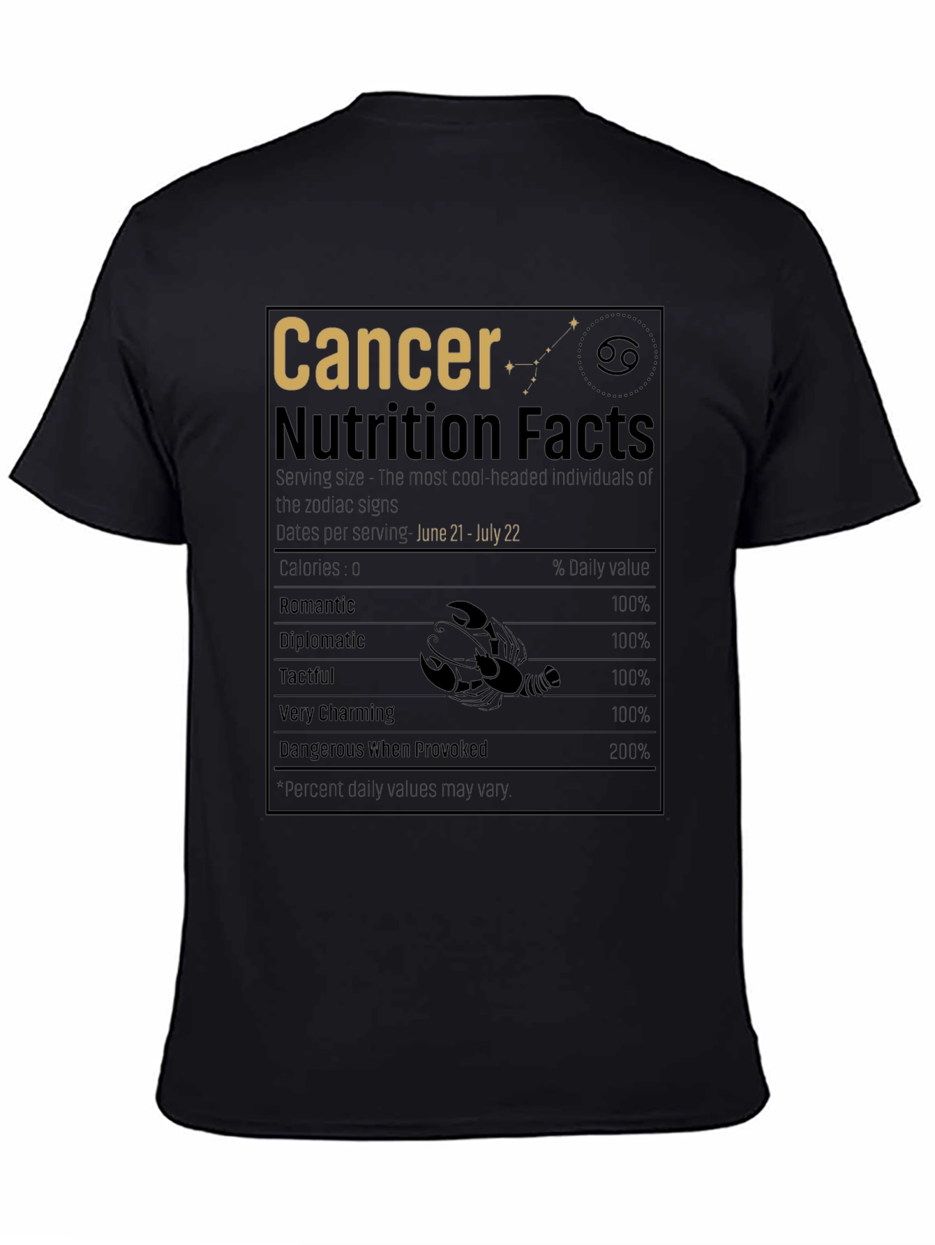 Cancer Zodiac Nutrition Facts Black T-Shirt