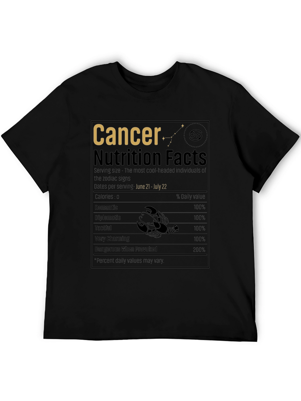 Cancer Zodiac Nutrition Facts Black T-Shirt
