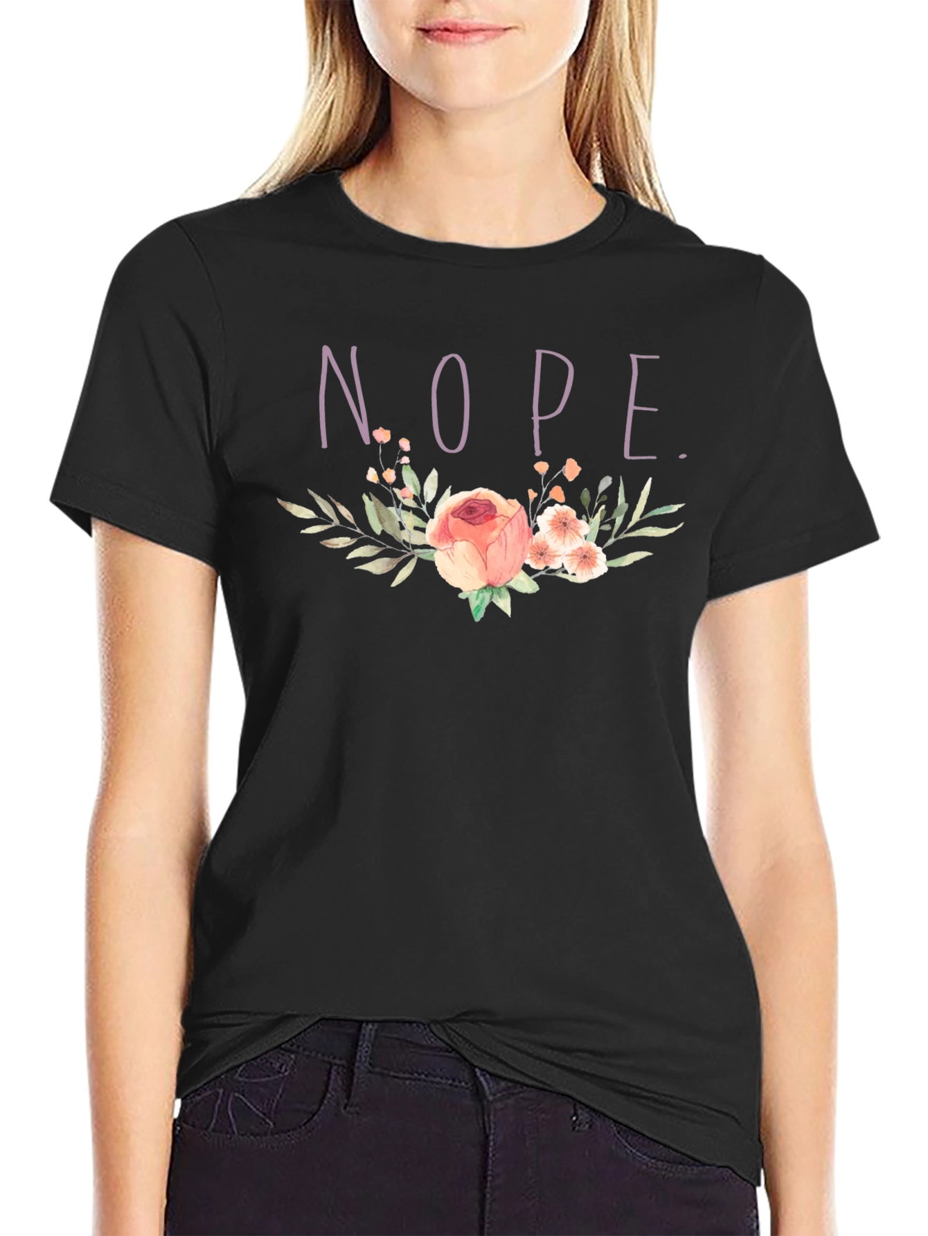 Floral NOPE. T-Shirt - Black Cotton Tee