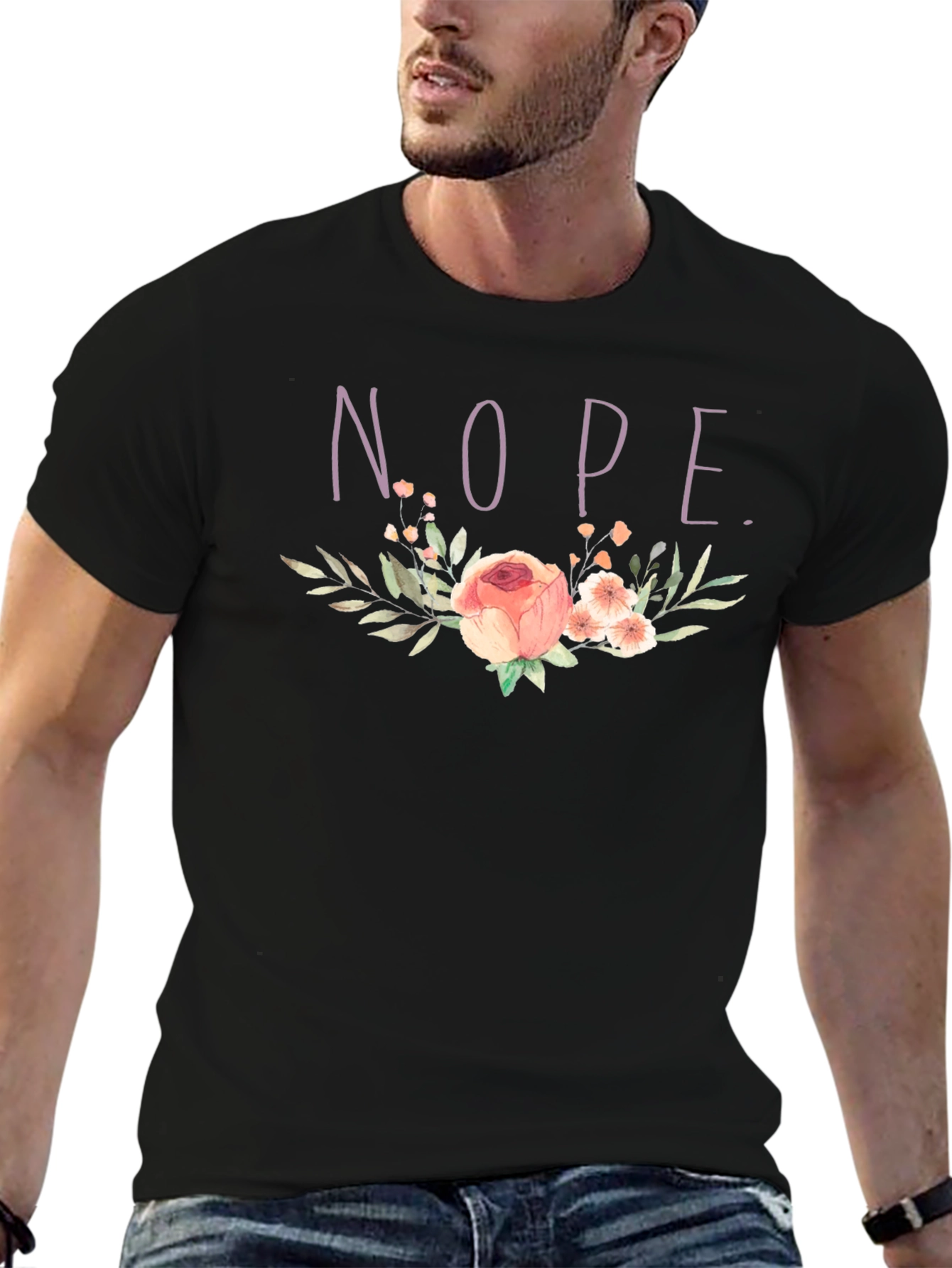 Floral NOPE. T-Shirt - Black Cotton Tee
