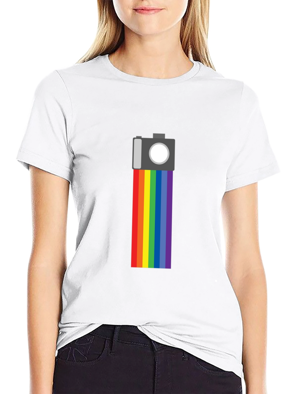 Rainbow Camera Graphic Tee - Black Cotton Shirt