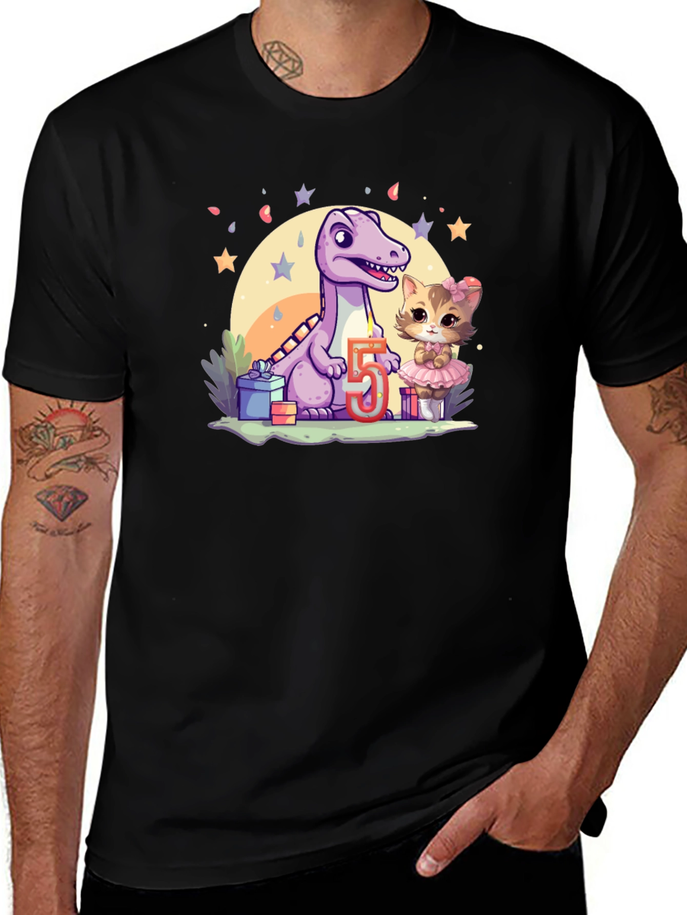 Dino & Kitty 5th Birthday Black T-Shirt