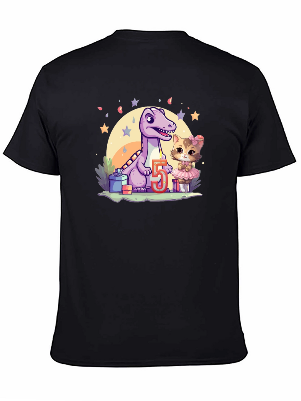 Dino & Kitty 5th Birthday Black T-Shirt