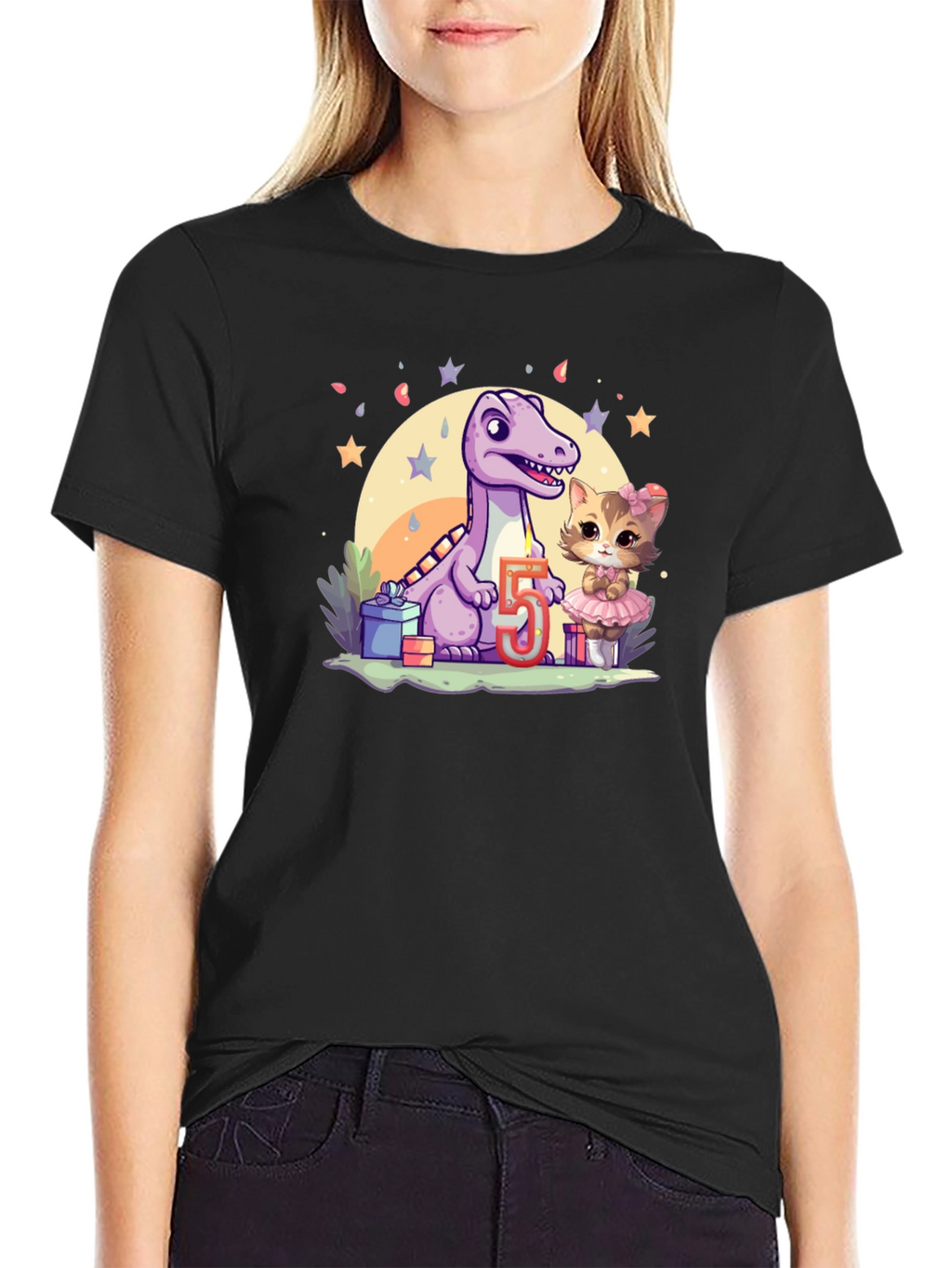 Dino & Kitty 5th Birthday Black T-Shirt