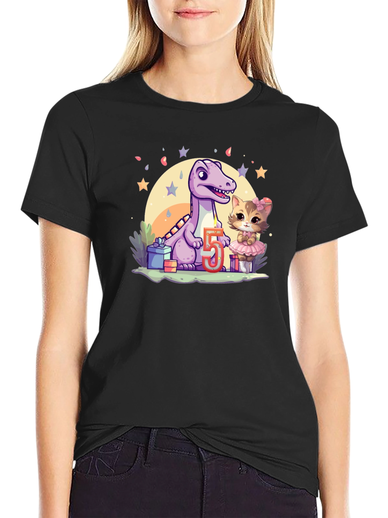 Dino & Kitty 5th Birthday Black T-Shirt