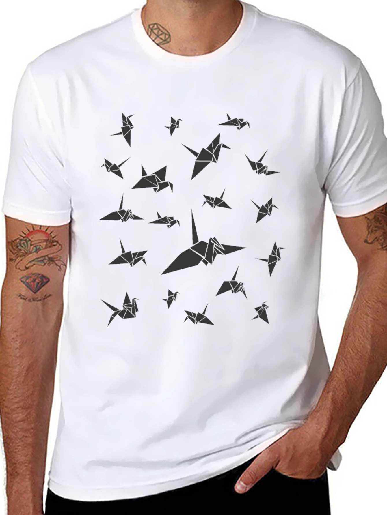 Origami Crane Print Black T-Shirt