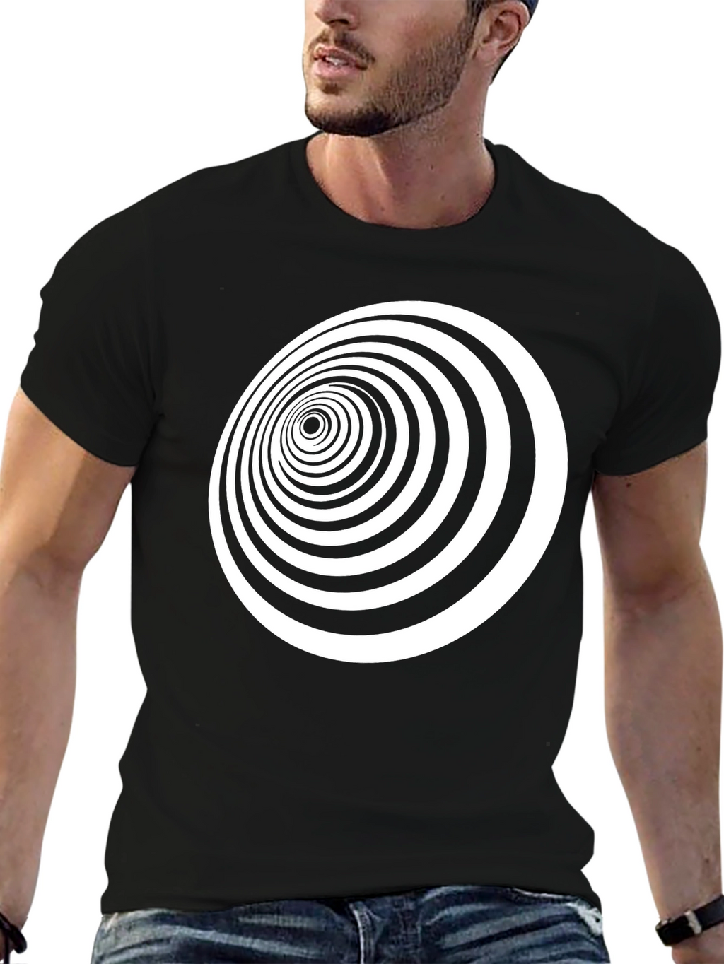 Optical Illusion Black T-Shirt - Hypnotic Vortex Design