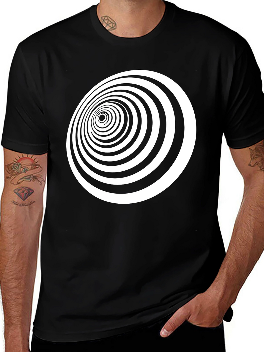 Optical Illusion Black T-Shirt - Hypnotic Vortex Design