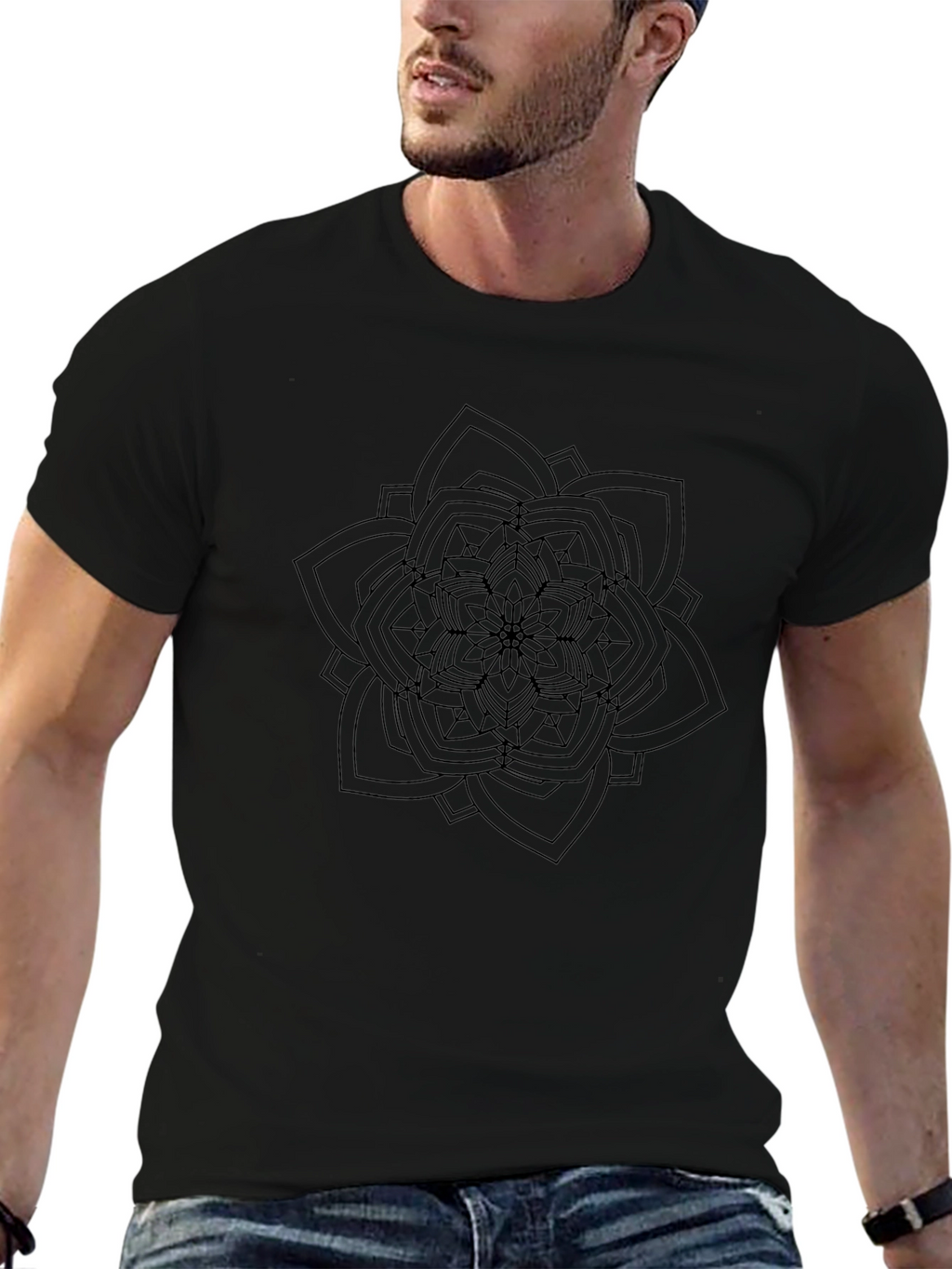 Black T-Shirt with Geometric Mandala Design