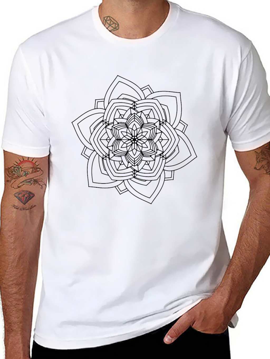 Black T-Shirt with Geometric Mandala Design