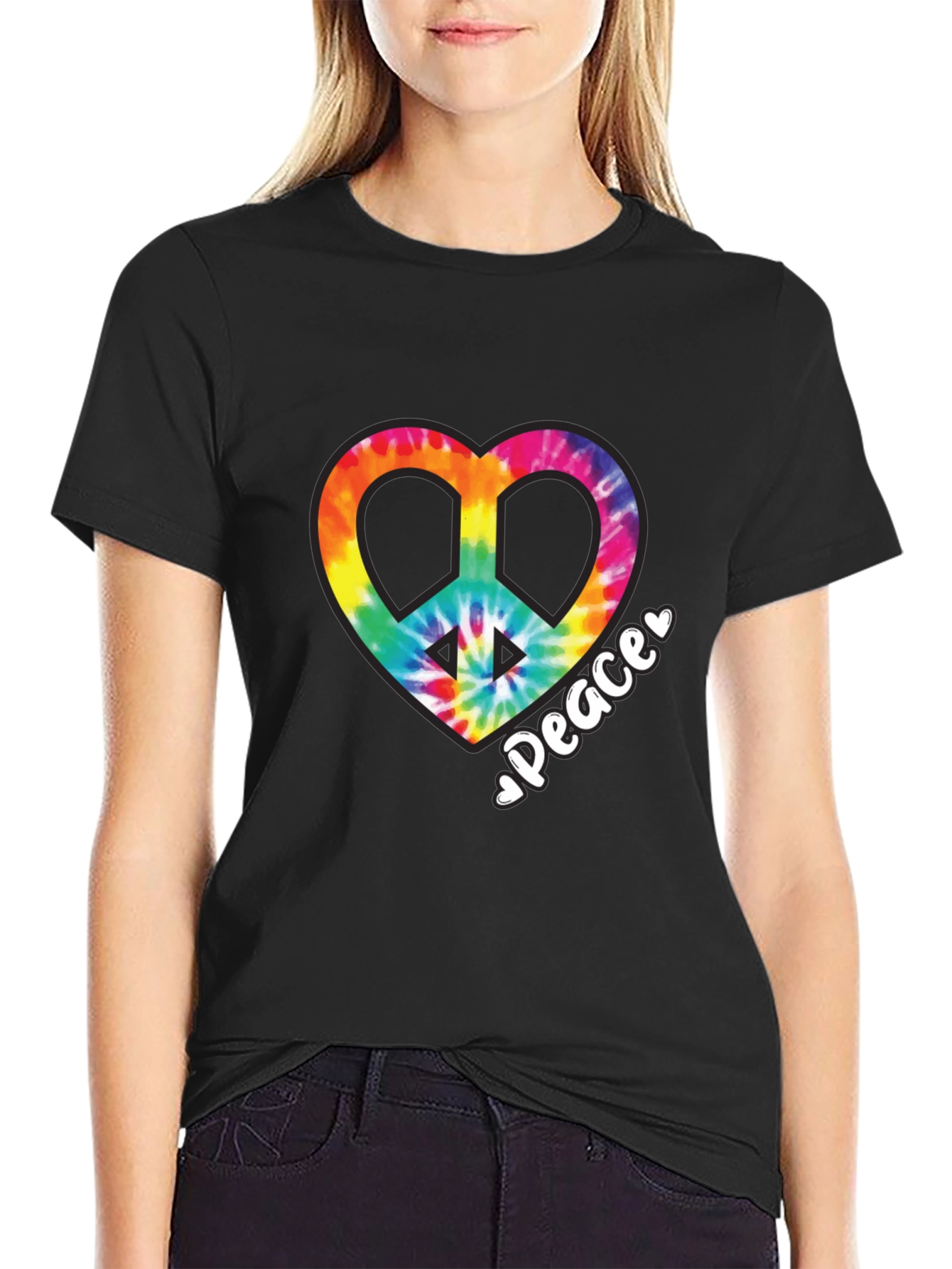 Tie-Dye Heart Peace Sign Black T-Shirt