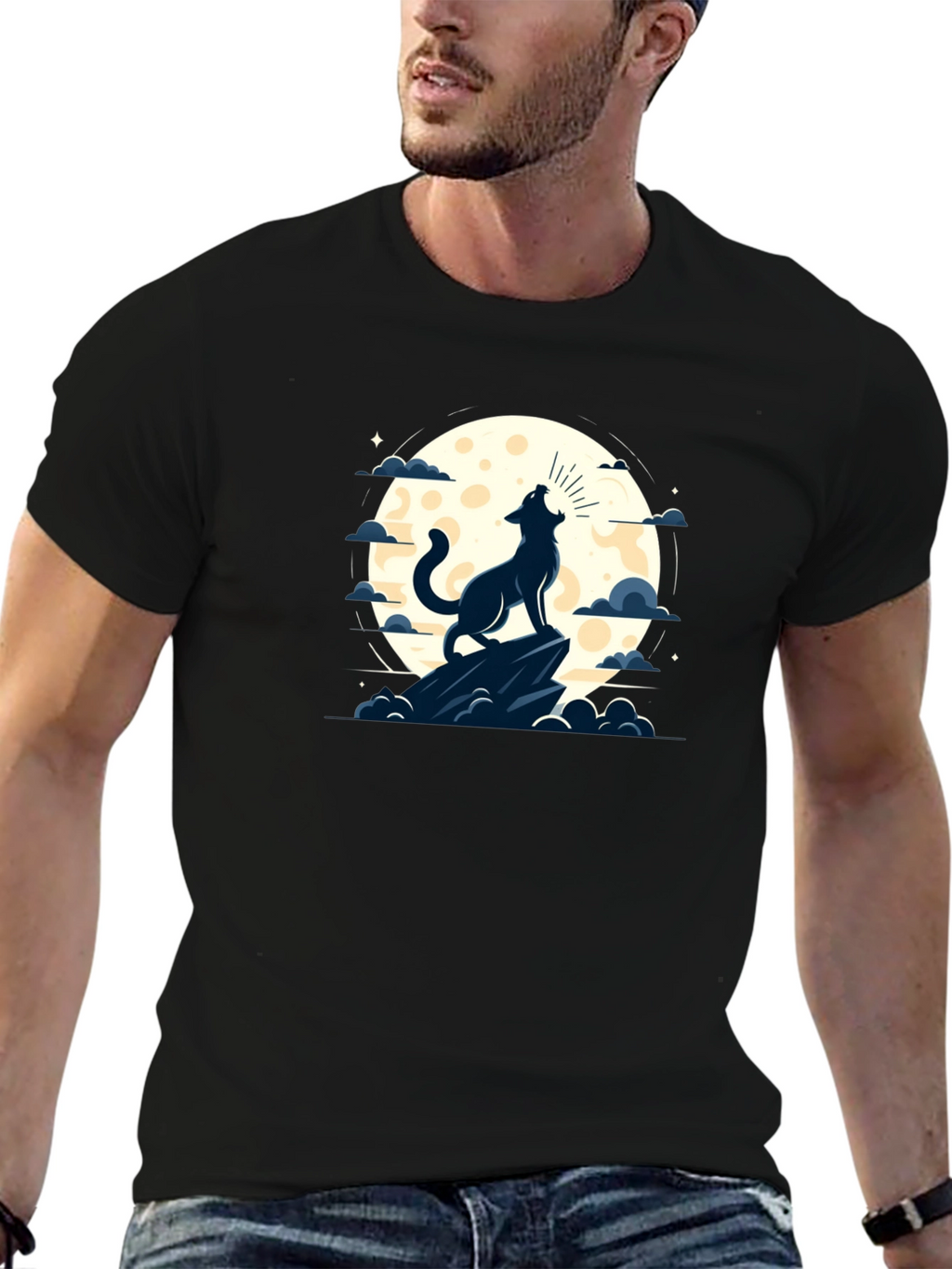 Wolf Howling at Moon Graphic Tee - Black