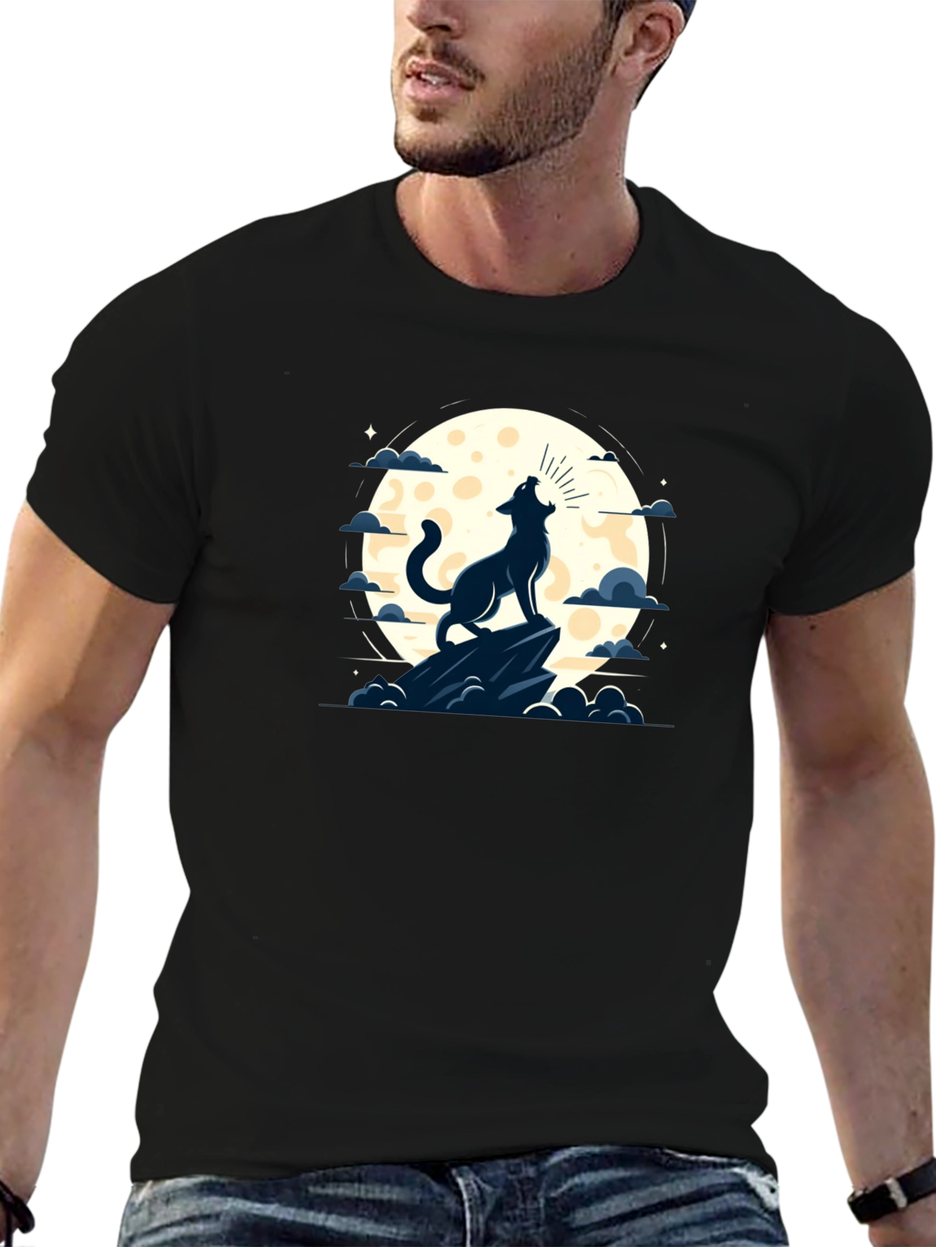 Wolf Howling at Moon Graphic Tee - Black
