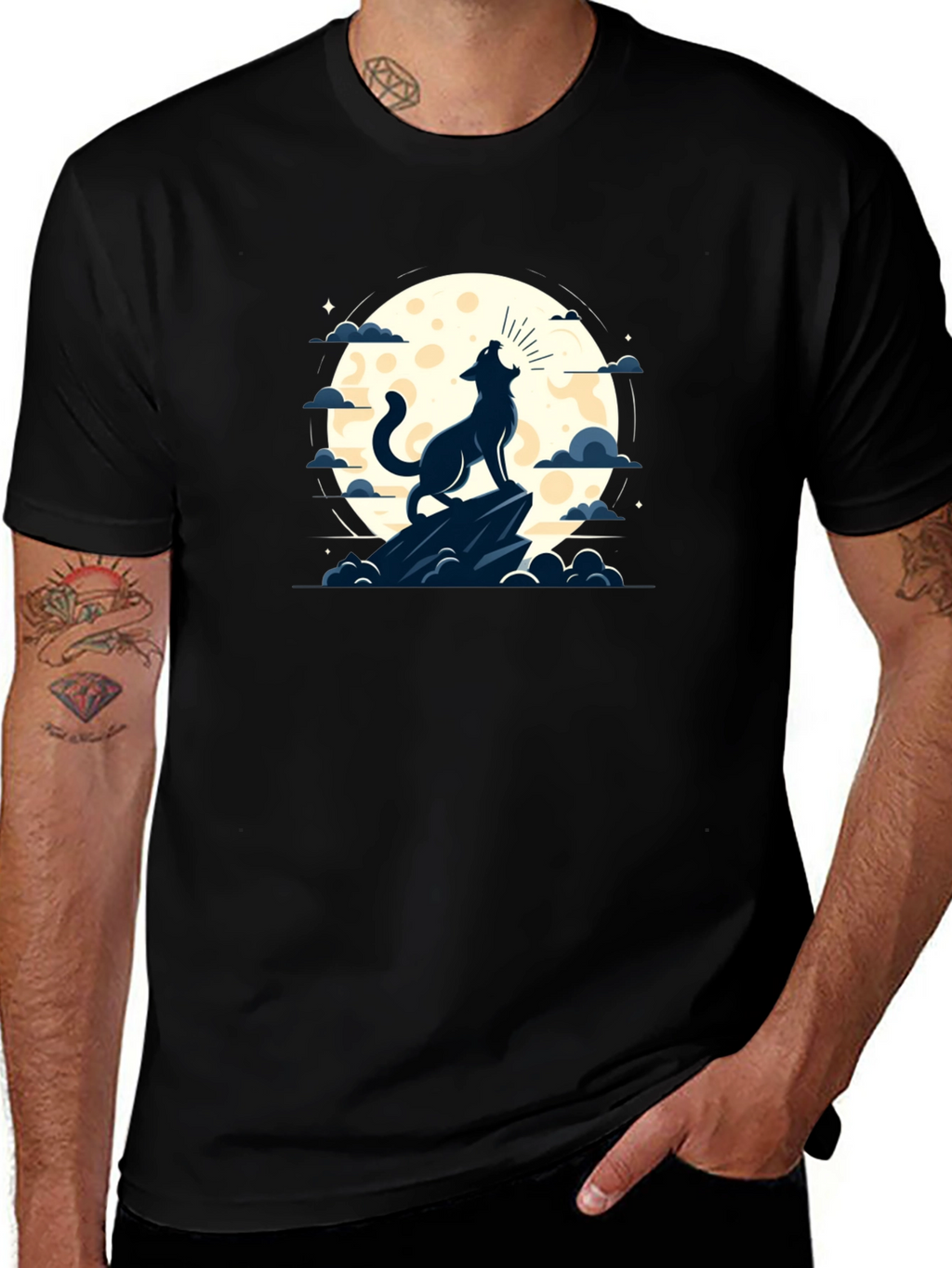 Wolf Howling at Moon Graphic Tee - Black
