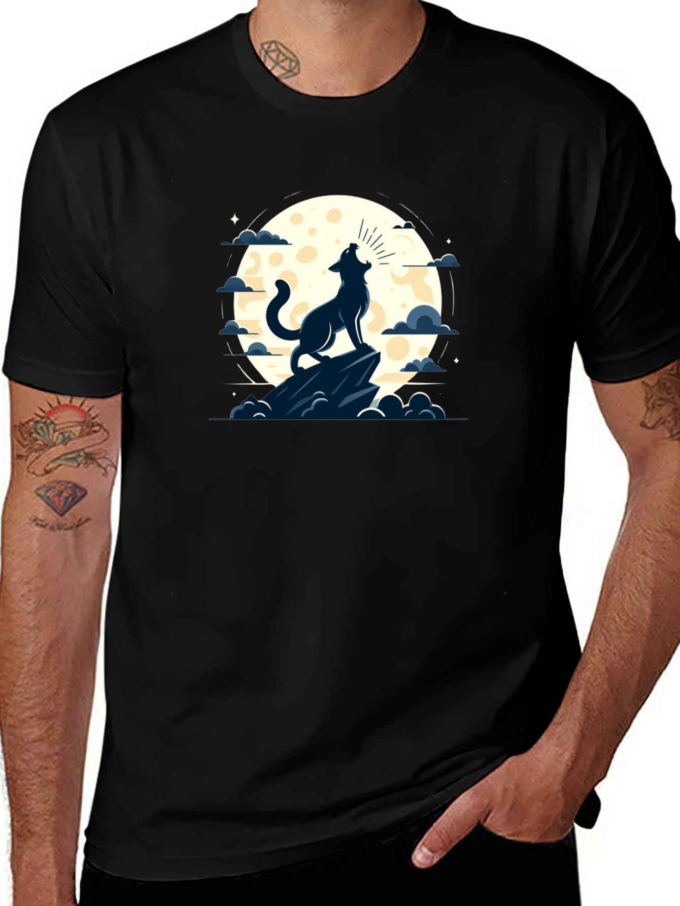 Wolf Howling at Moon Graphic Tee - Black