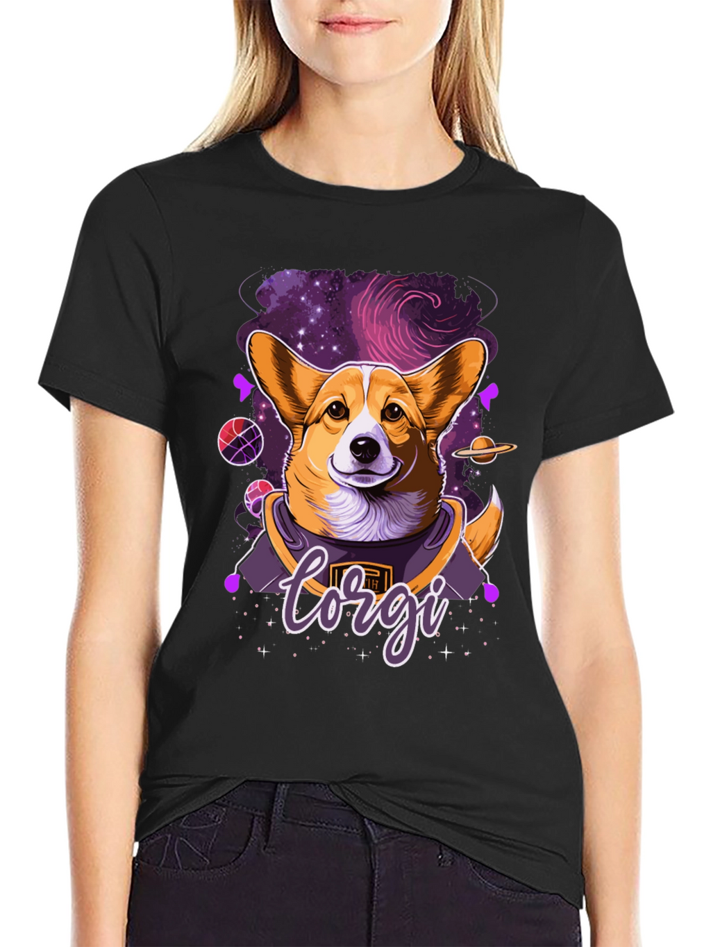 Corgi in Space Black Graphic Tee