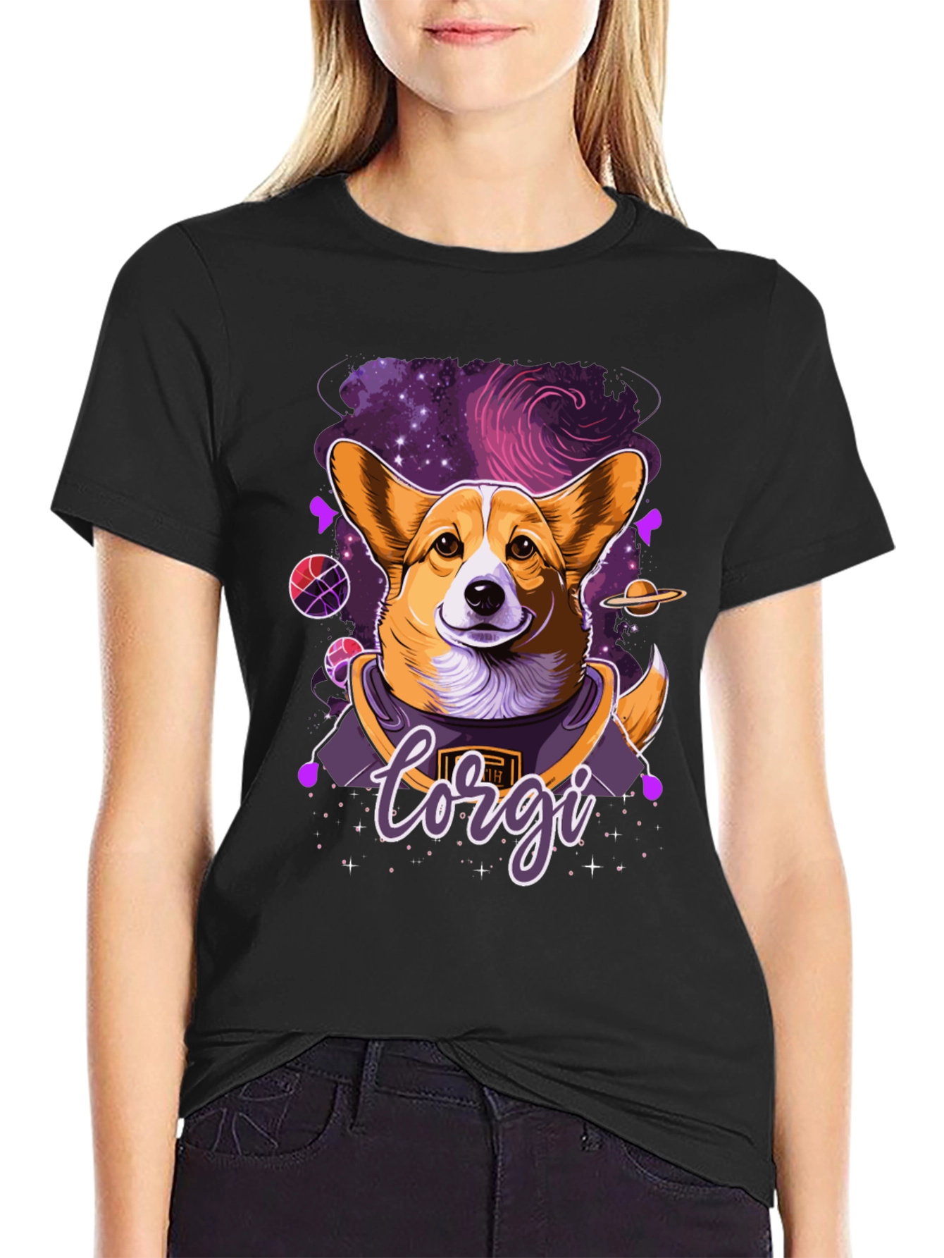 Corgi in Space Black Graphic Tee