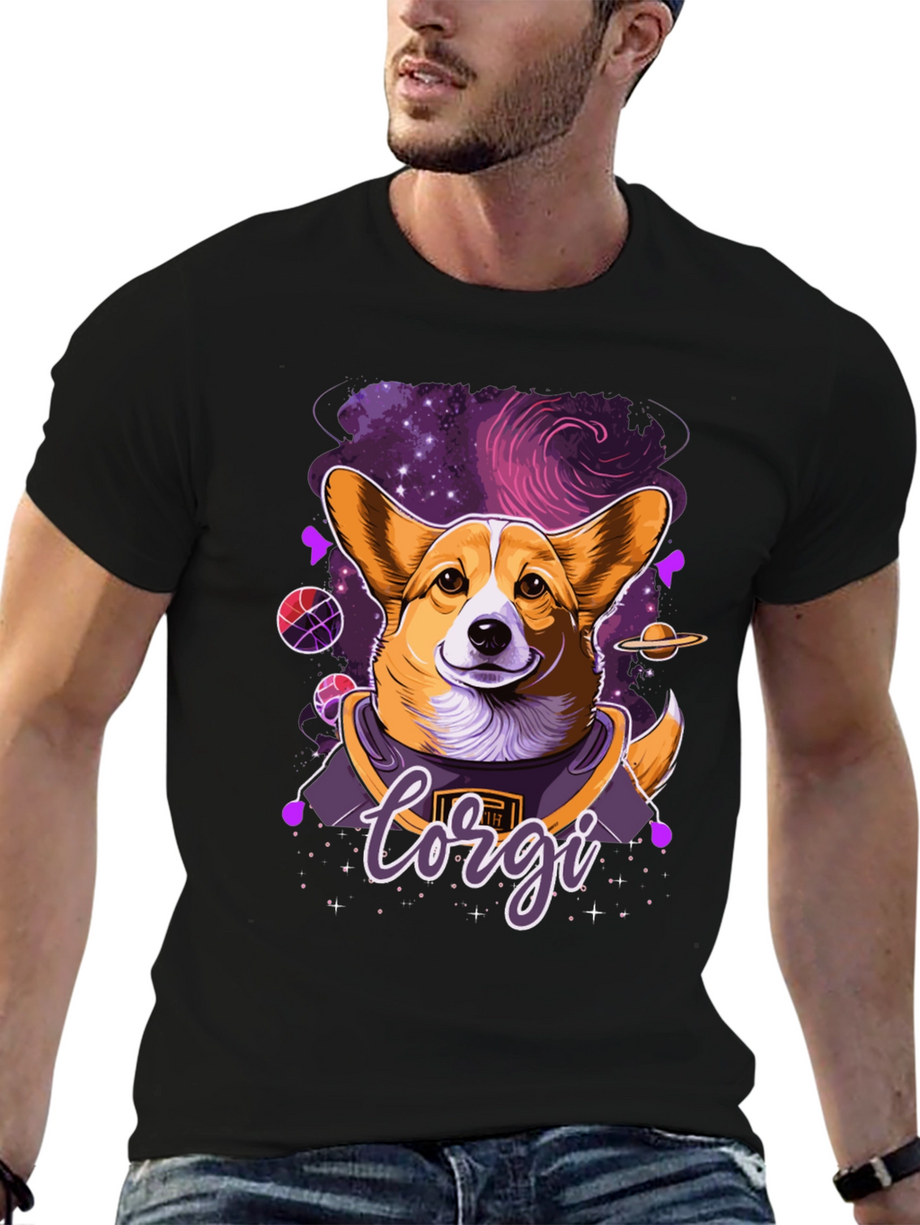 Corgi in Space Black Graphic Tee