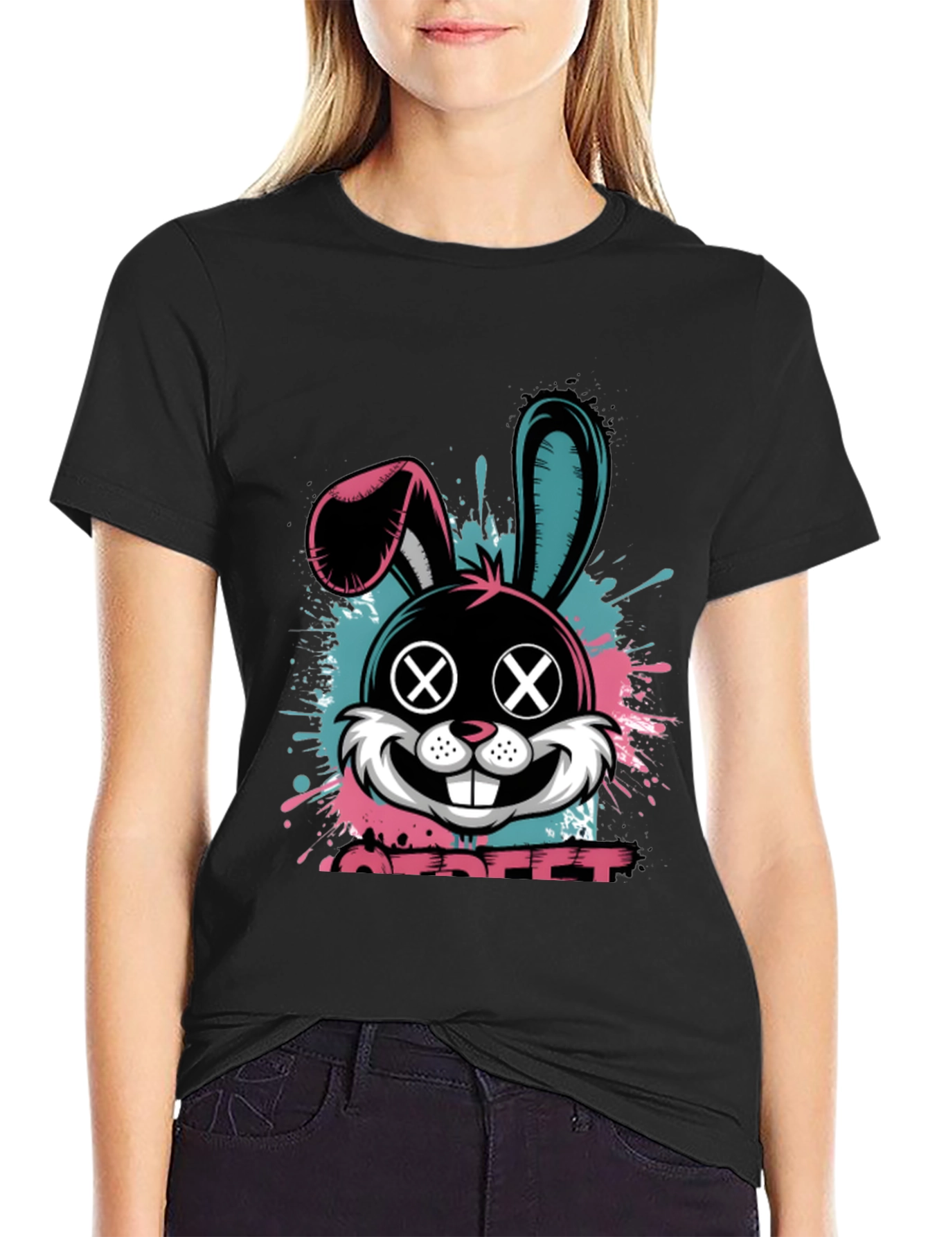 Edgy Bunny Graphic Tee - Black Cotton Blend