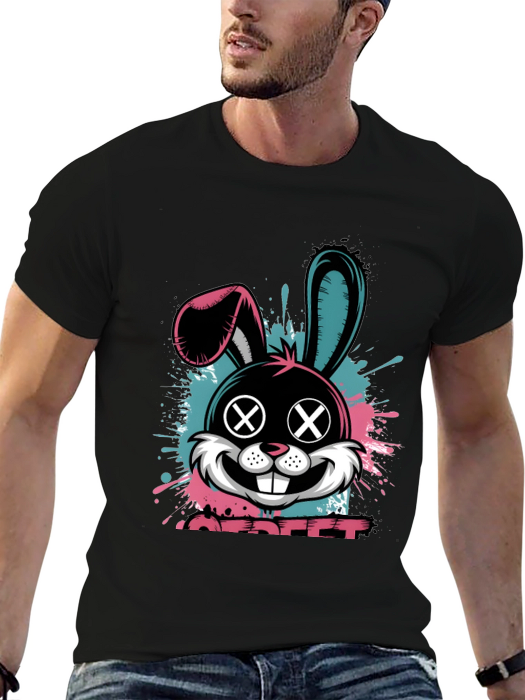 Edgy Bunny Graphic Tee - Black Cotton Blend