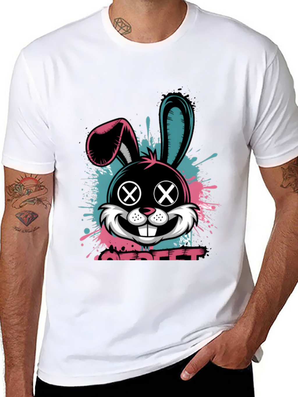 Edgy Bunny Graphic Tee - Black Cotton Blend