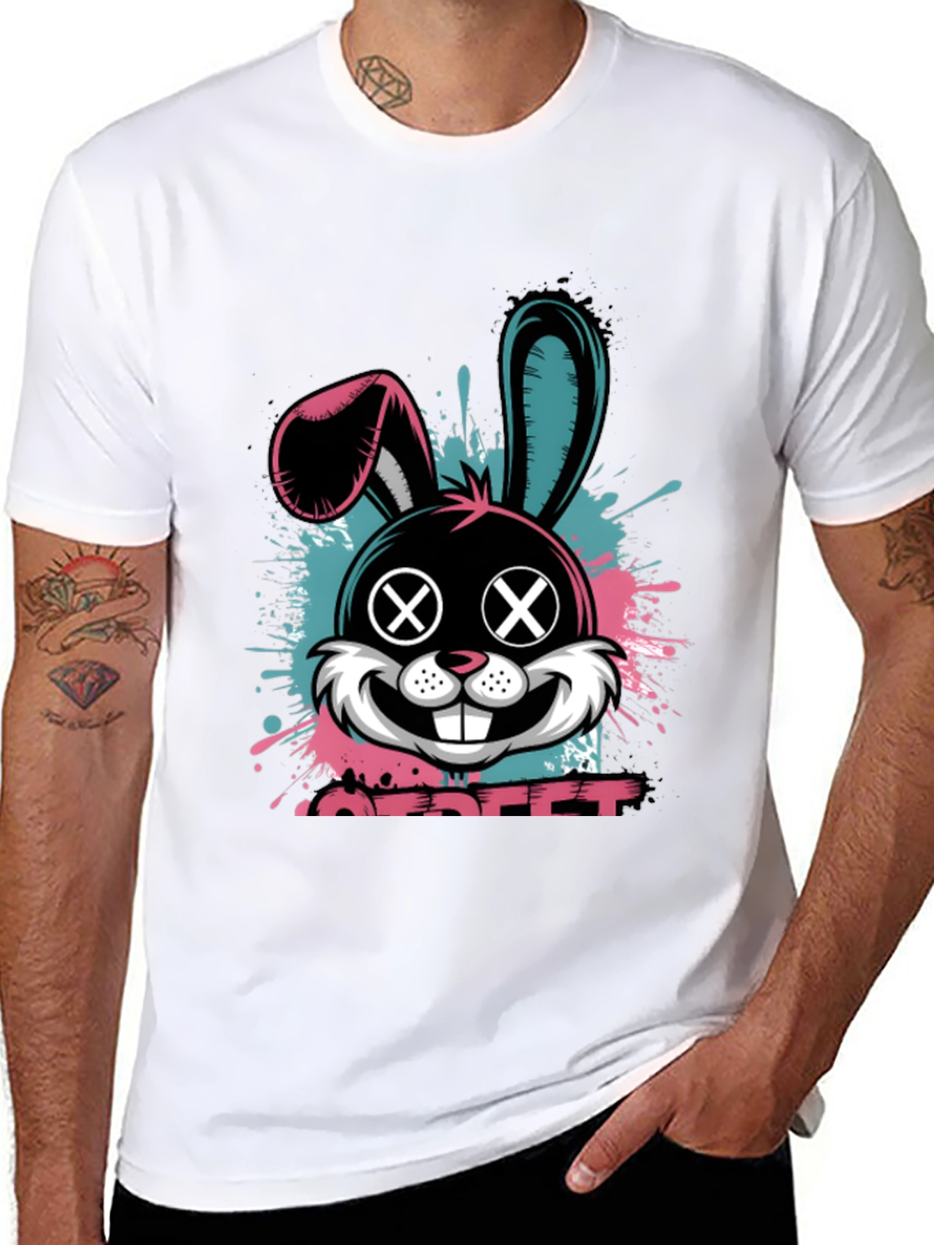 Edgy Bunny Graphic Tee - Black Cotton Blend