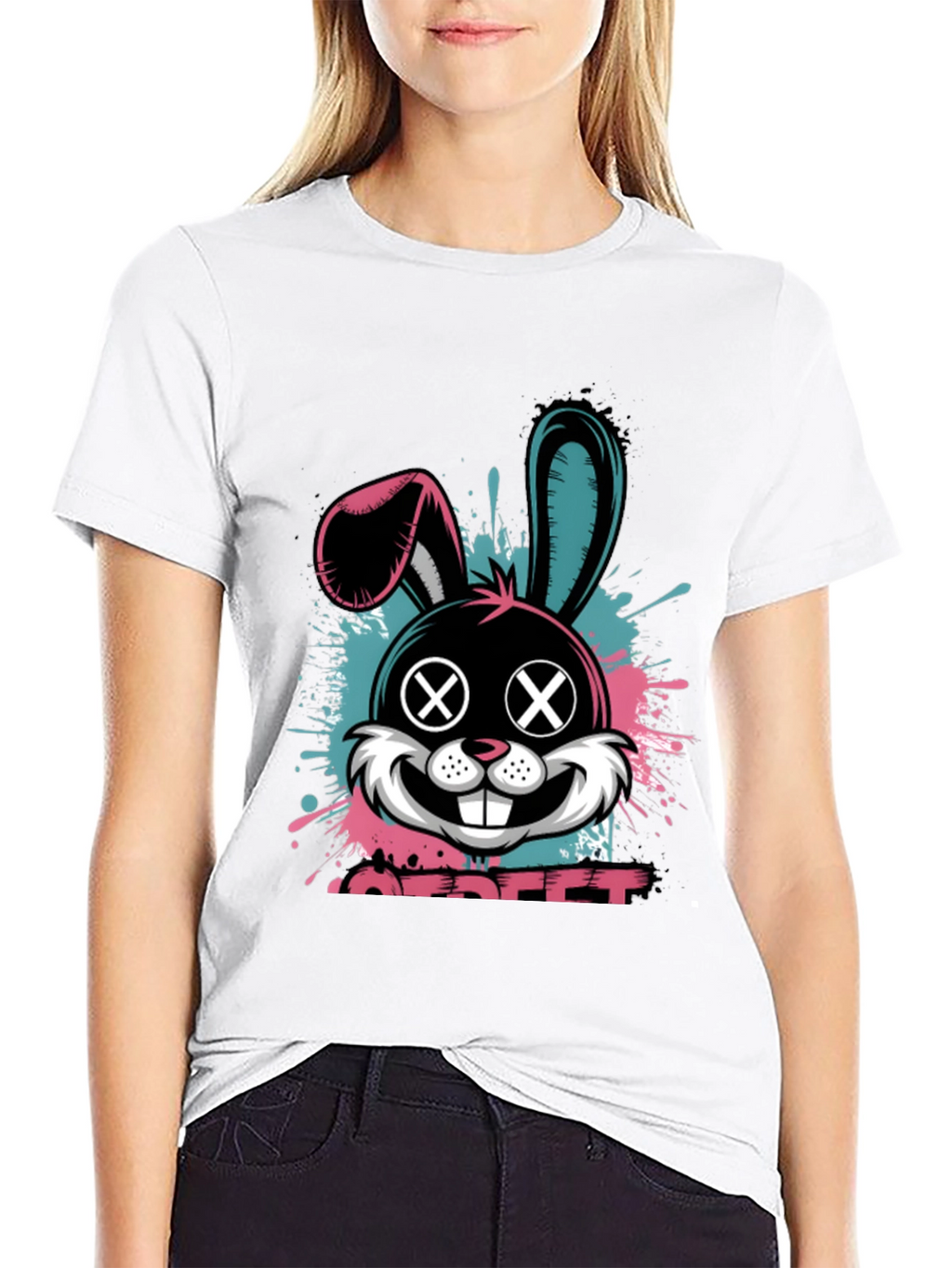 Edgy Bunny Graphic Tee - Black Cotton Blend