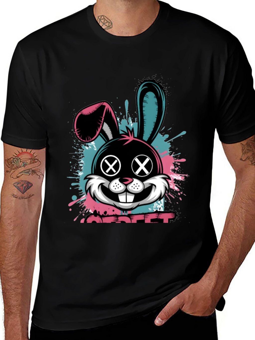 Edgy Bunny Graphic Tee - Black Cotton Blend