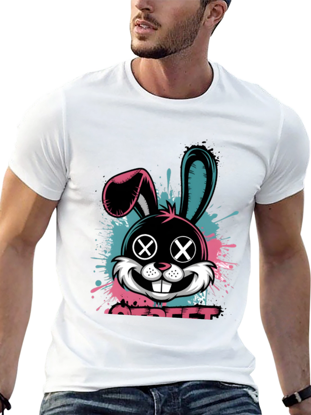 Edgy Bunny Graphic Tee - Black Cotton Blend
