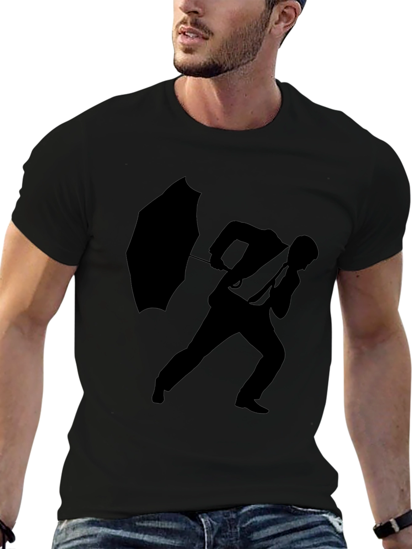 Silhouette Man with Umbrella Black T-Shirt