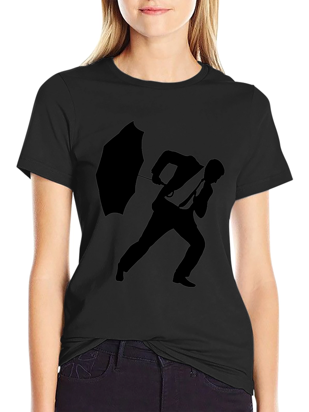 Silhouette Man with Umbrella Black T-Shirt