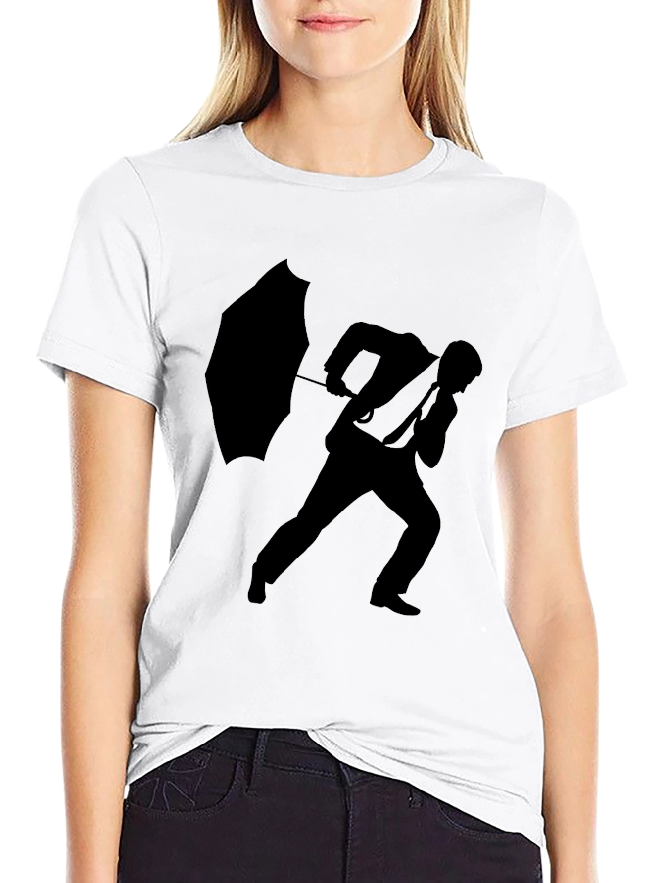 Silhouette Man with Umbrella Black T-Shirt