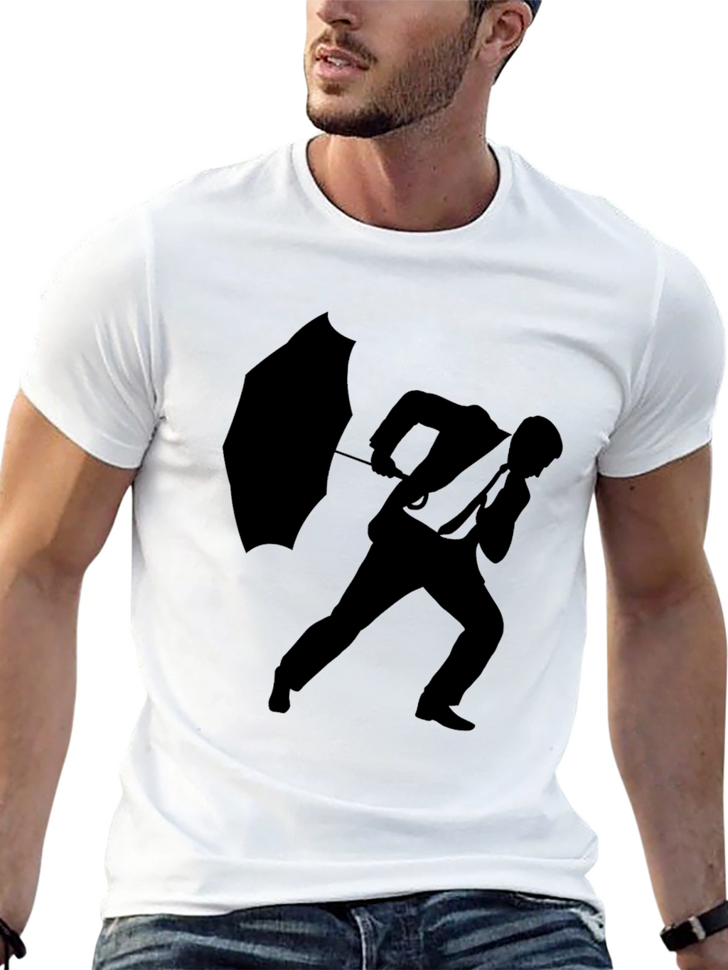 Silhouette Man with Umbrella Black T-Shirt