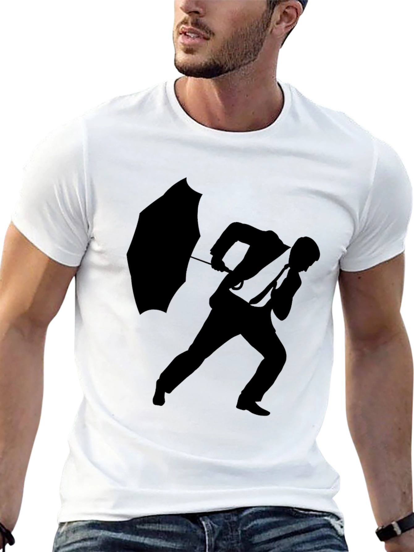 Silhouette Man with Umbrella Black T-Shirt