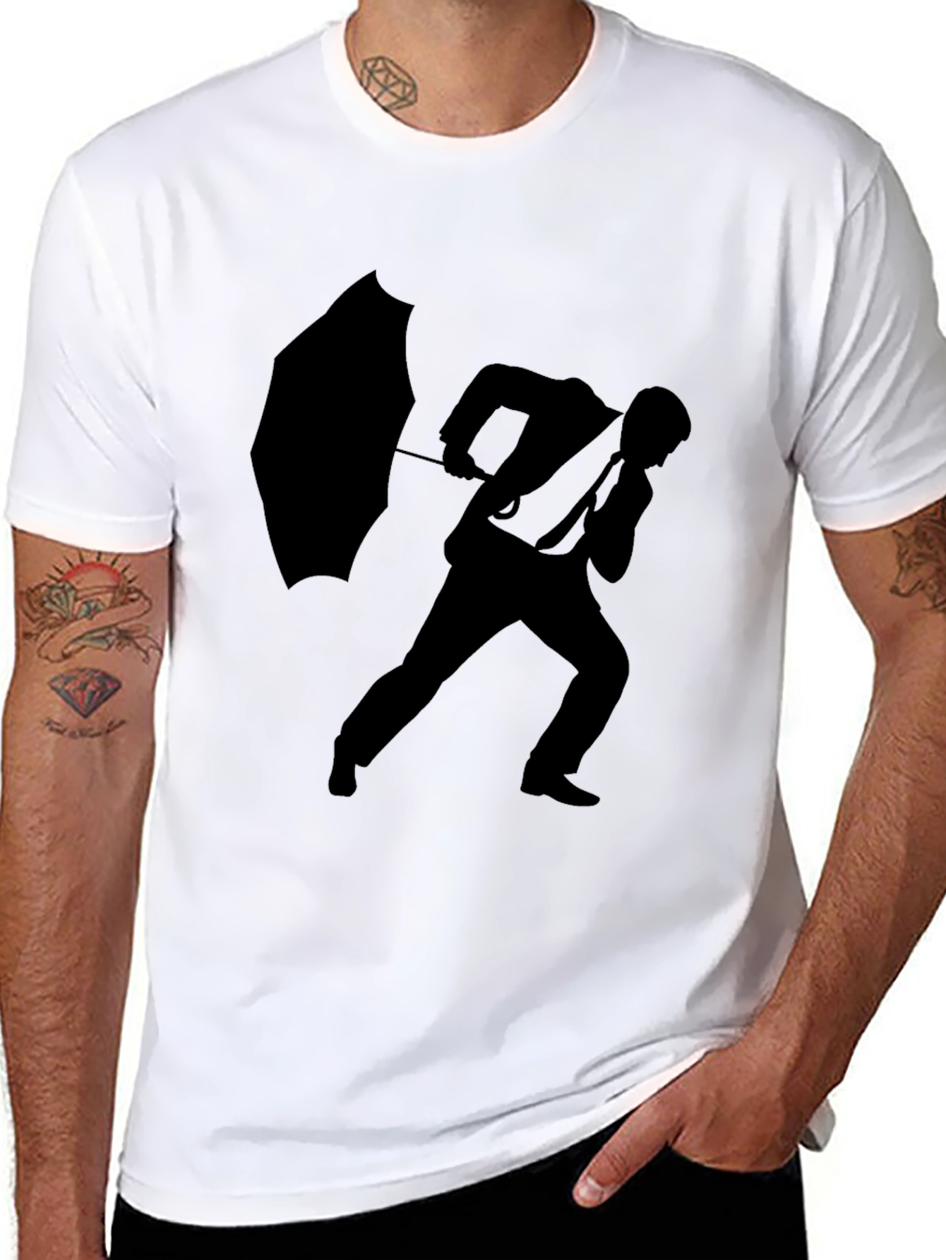 Silhouette Man with Umbrella Black T-Shirt