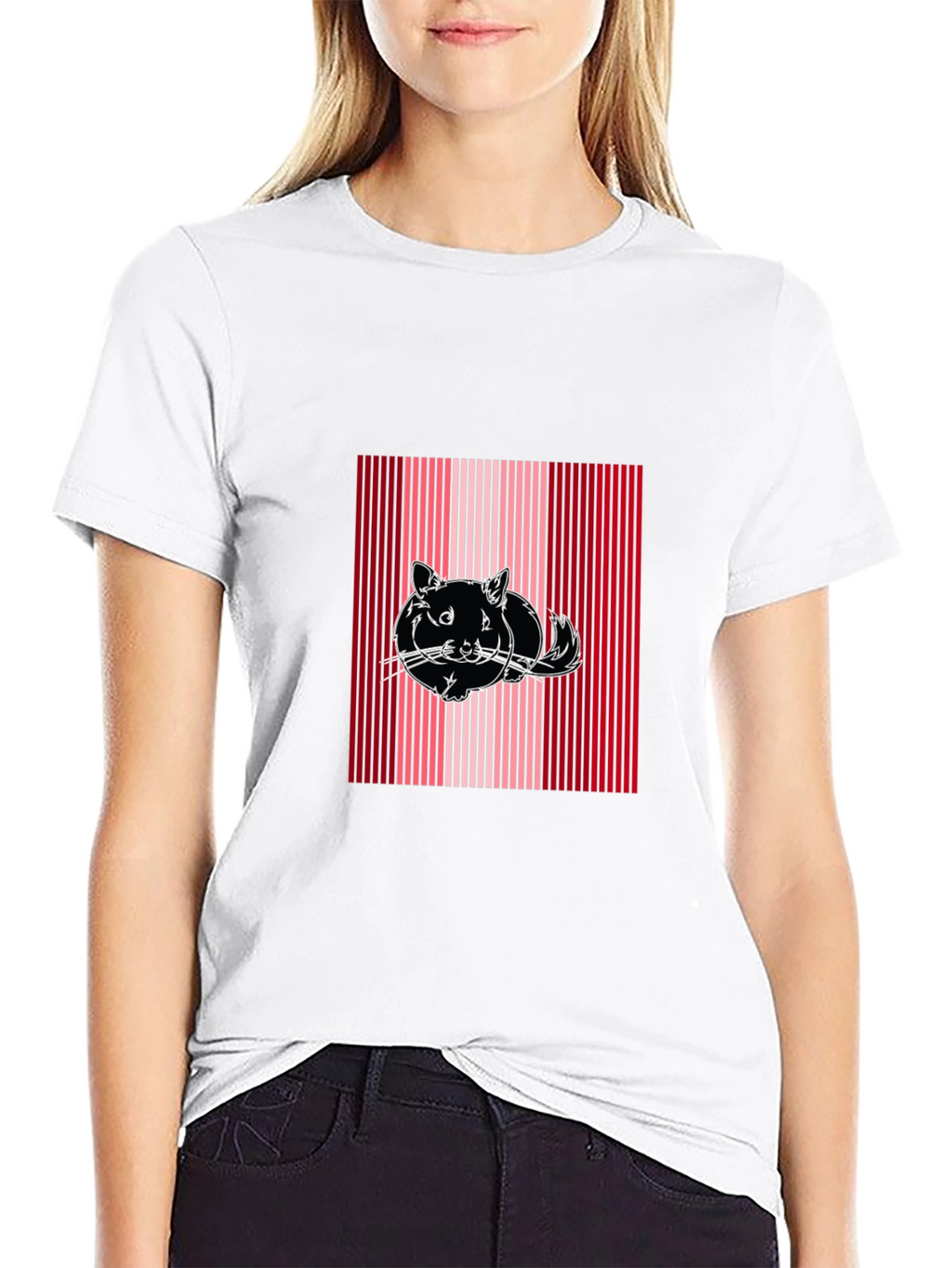 Striped Cat Graphic Tee - Black Cotton Blend