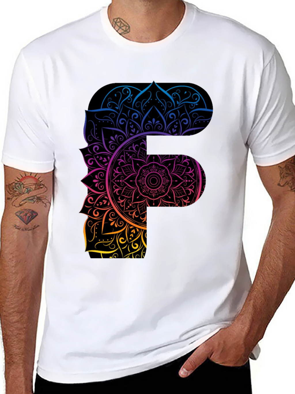Mandala F Letter Graphic Tee - Unique Gradient Design
