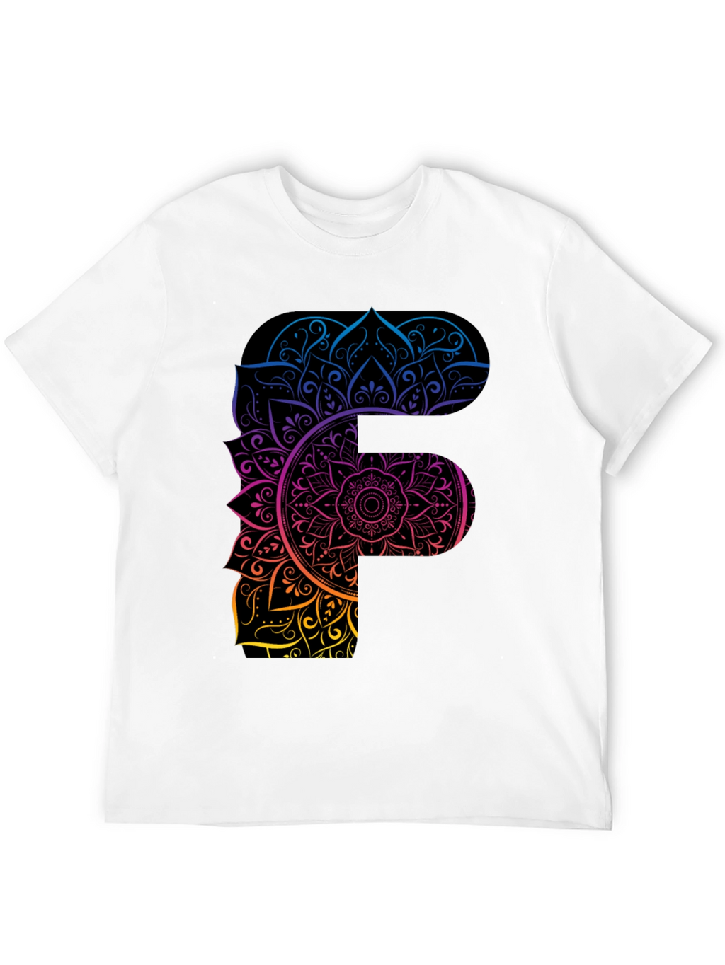 Mandala F Letter Graphic Tee - Unique Gradient Design